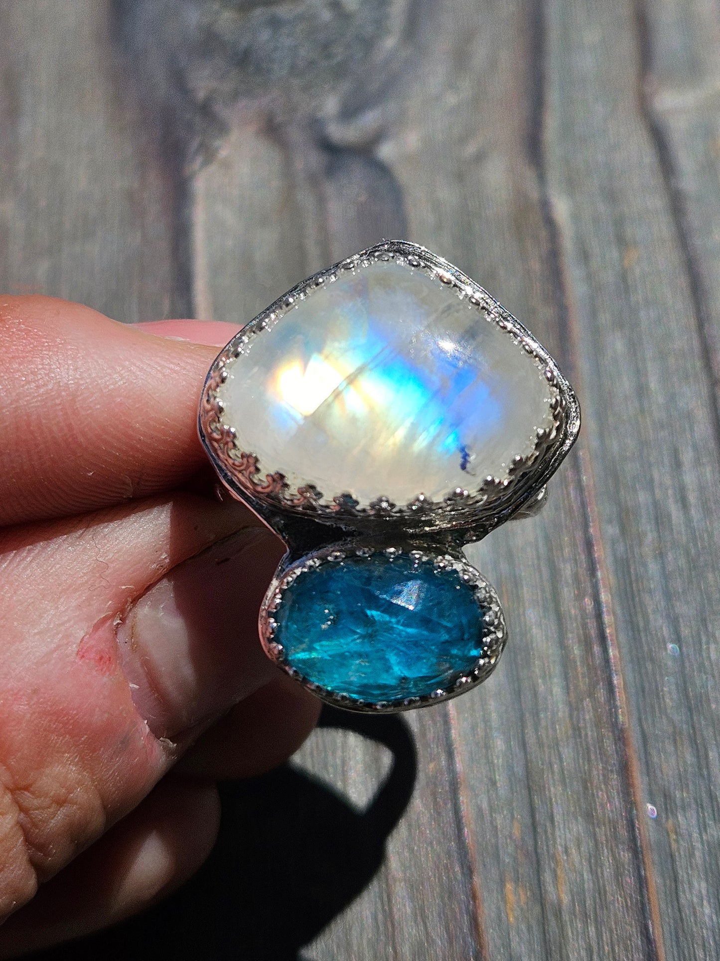 Moonstone and Blue Apatite Ring, Size 8.5