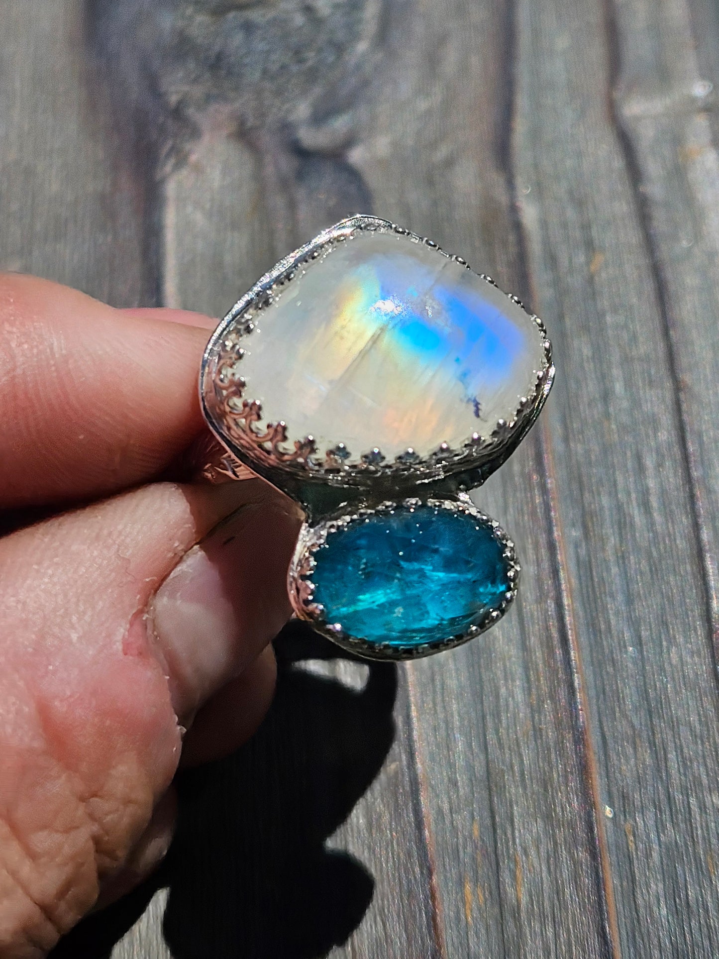 Moonstone and Blue Apatite Ring, Size 8.5