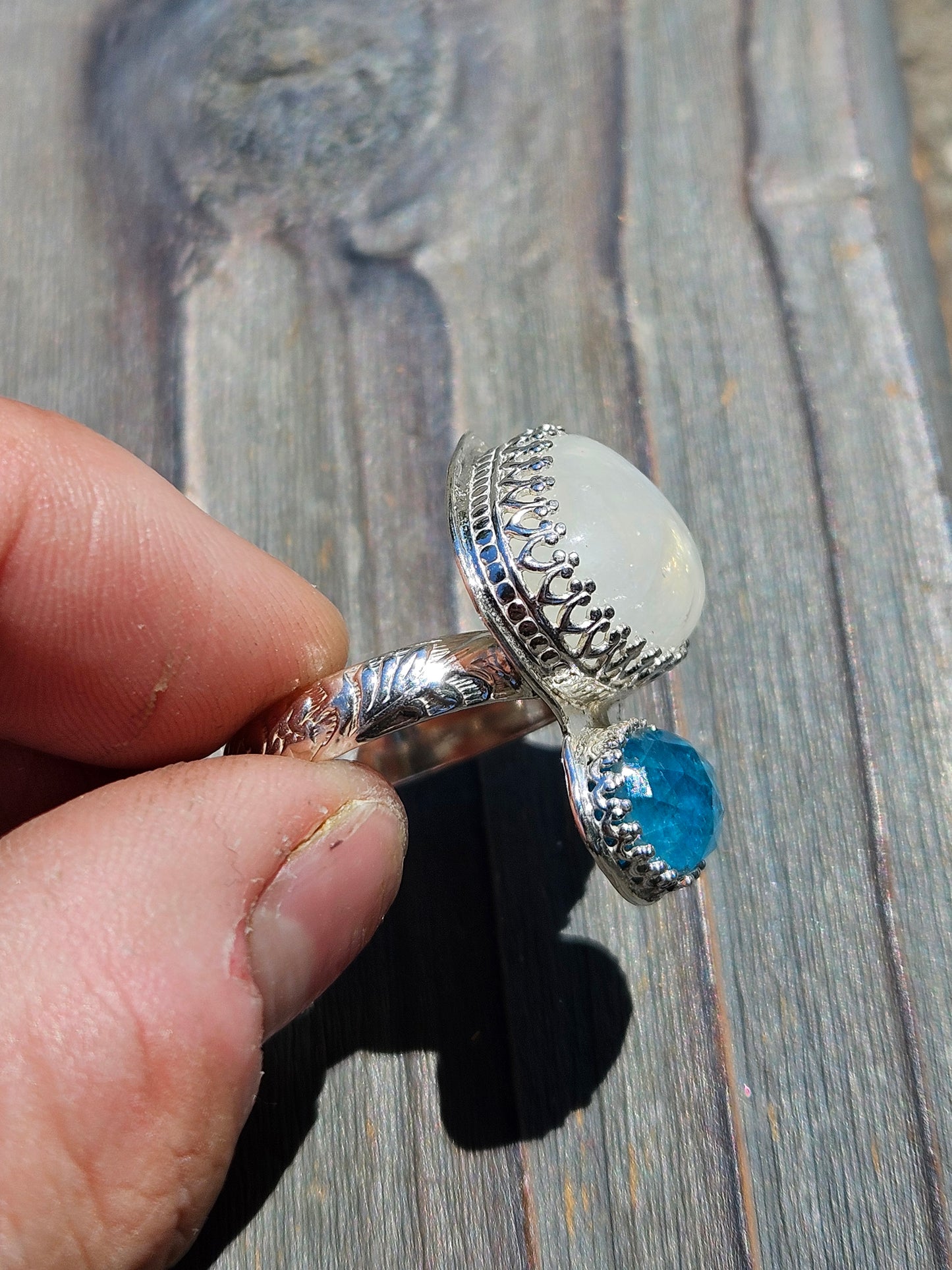 Moonstone and Blue Apatite Ring, Size 8.5