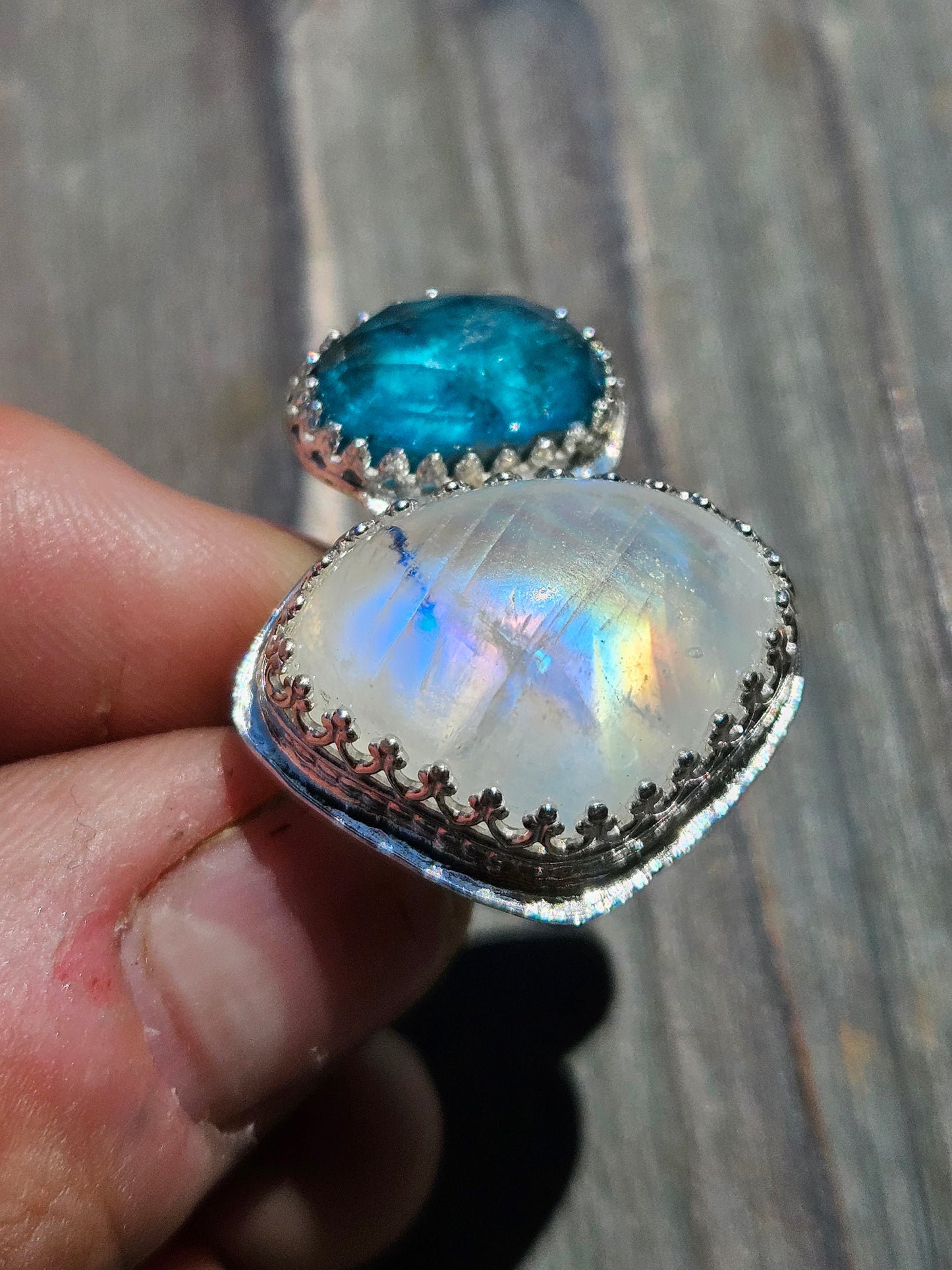 Moonstone and Blue Apatite Ring, Size 8.5