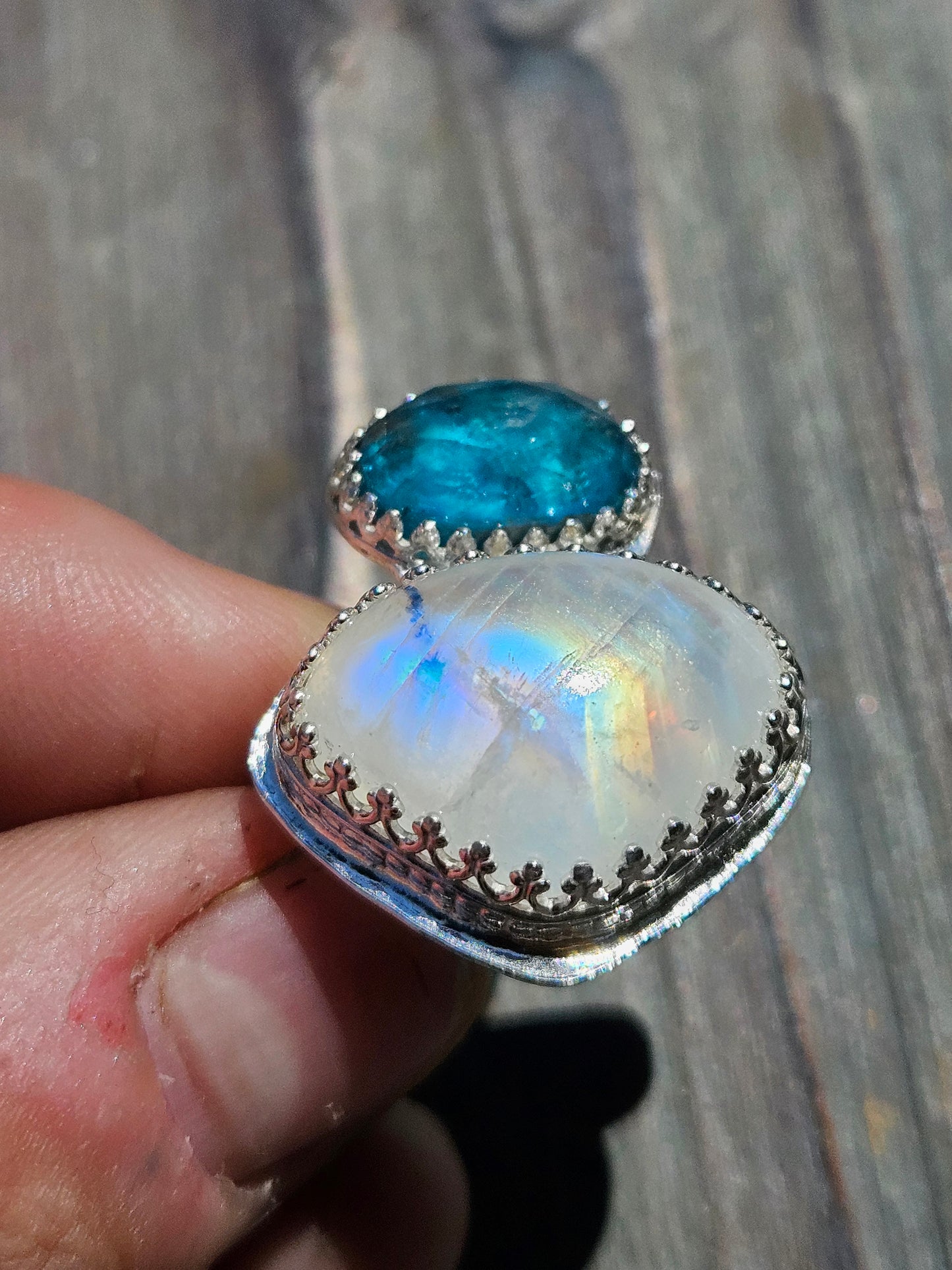 Moonstone and Blue Apatite Ring, Size 8.5