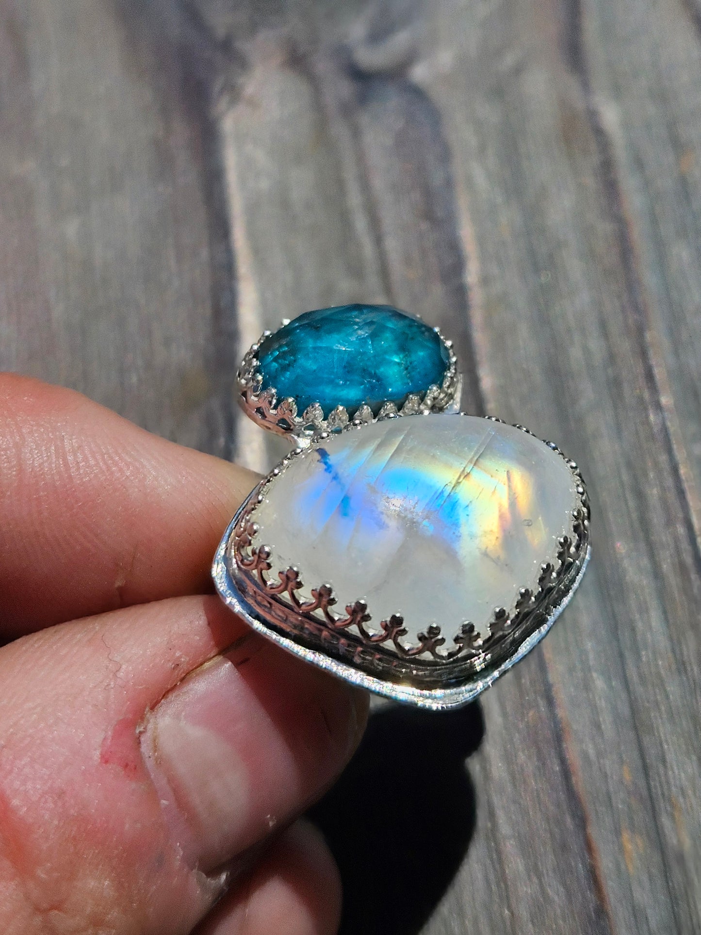 Moonstone and Blue Apatite Ring, Size 8.5