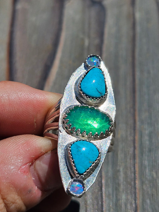 Parabia Opal, Turquoise and Black Opal Ring, Size 7