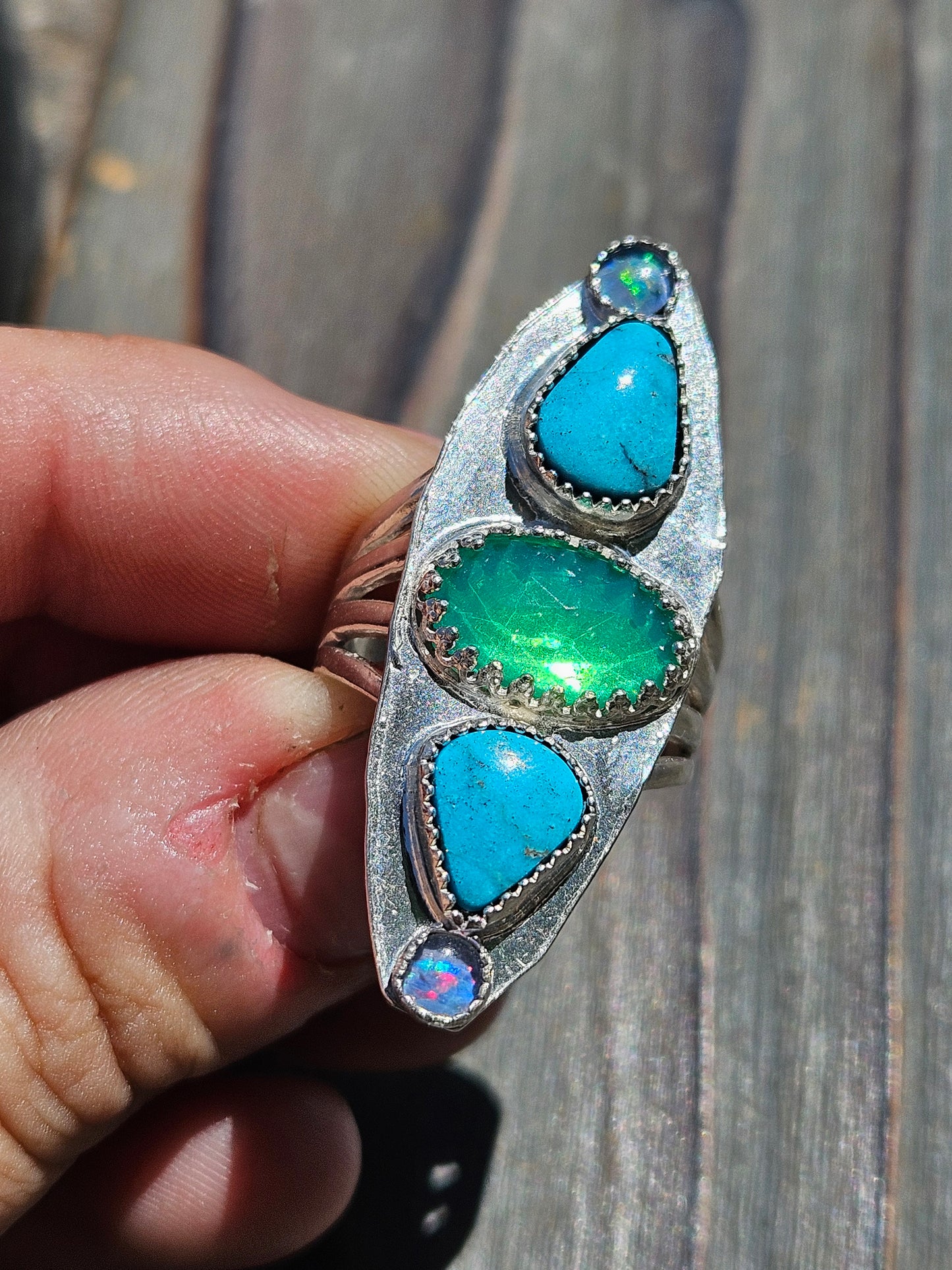 Parabia Opal, Turquoise and Black Opal Ring, Size 7