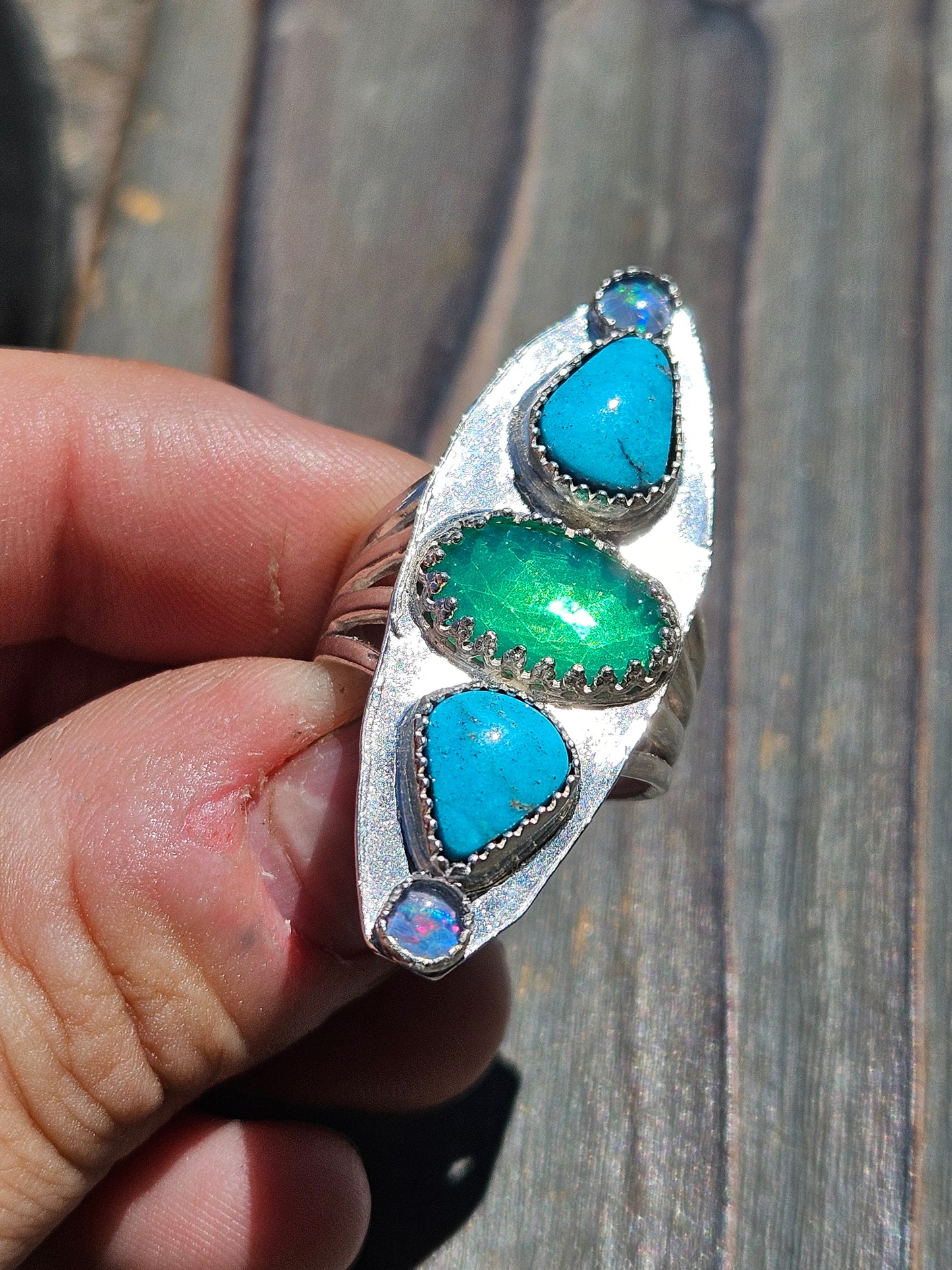 Parabia Opal, Turquoise and Black Opal Ring, Size 7