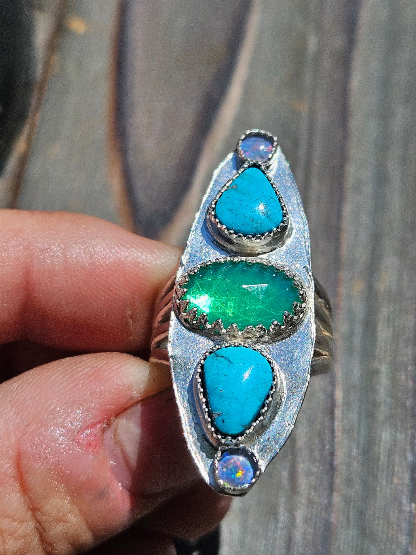 Parabia Opal, Turquoise and Black Opal Ring, Size 7