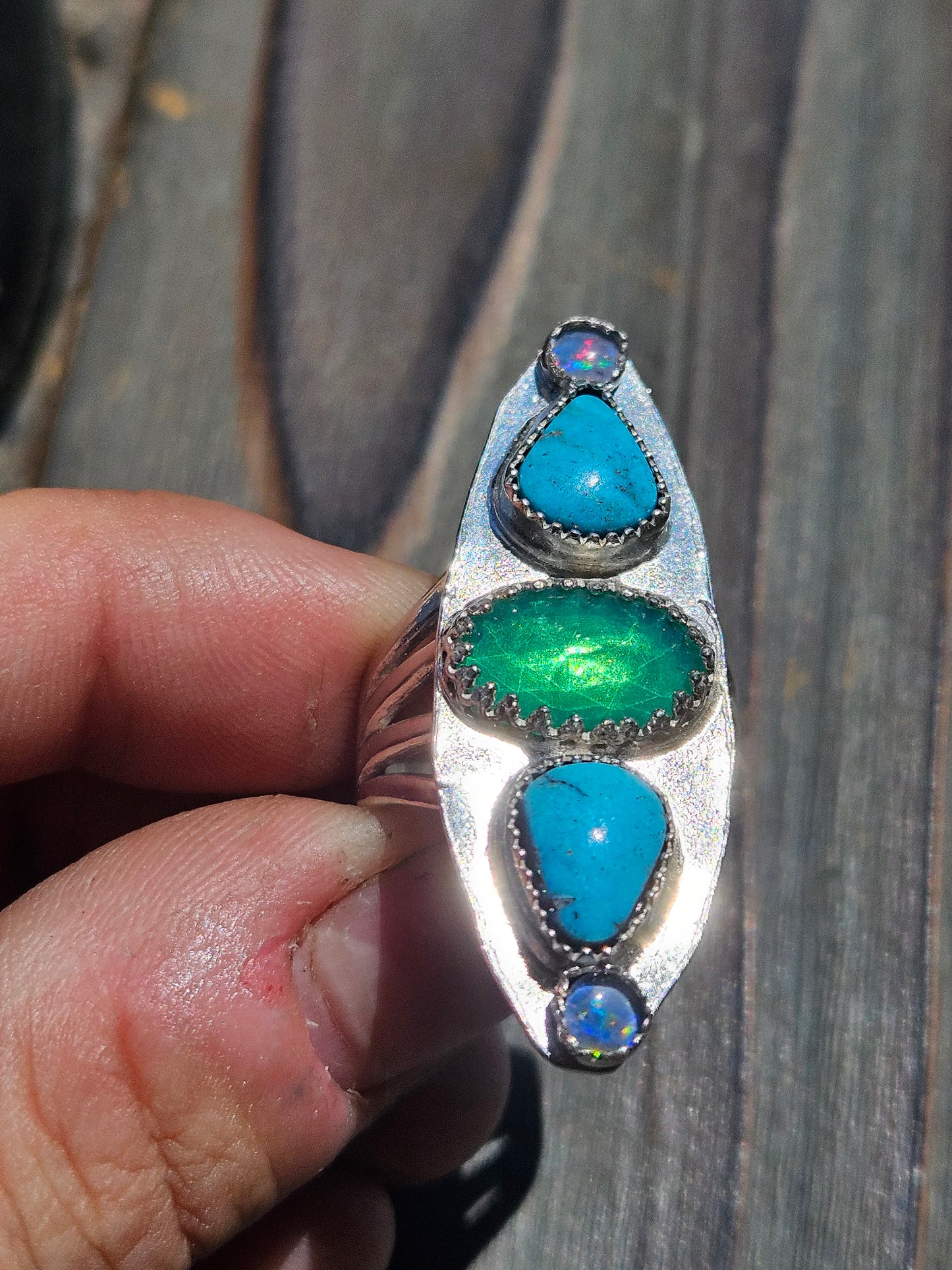 Parabia Opal, Turquoise and Black Opal Ring, Size 7