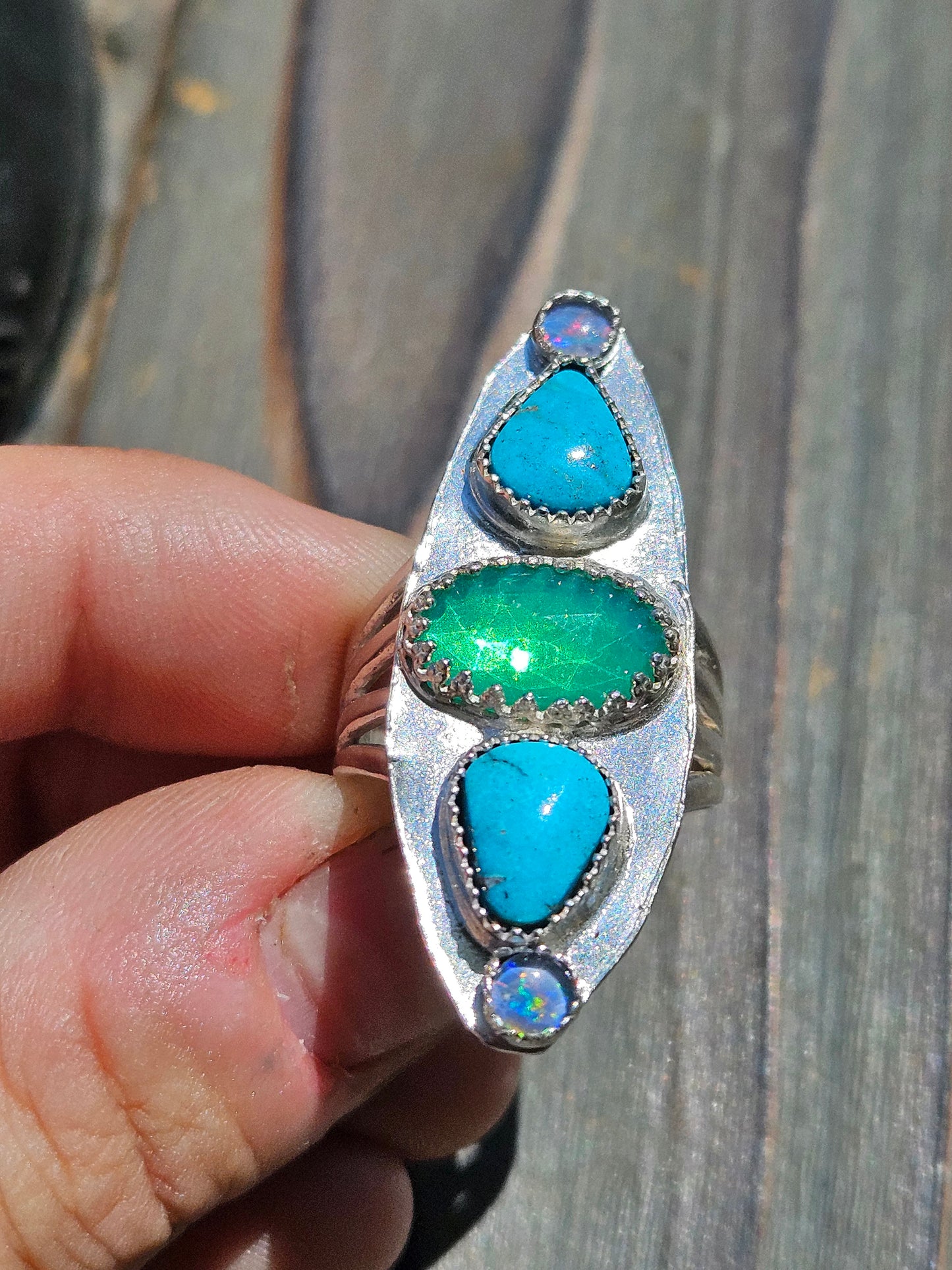 Parabia Opal, Turquoise and Black Opal Ring, Size 7