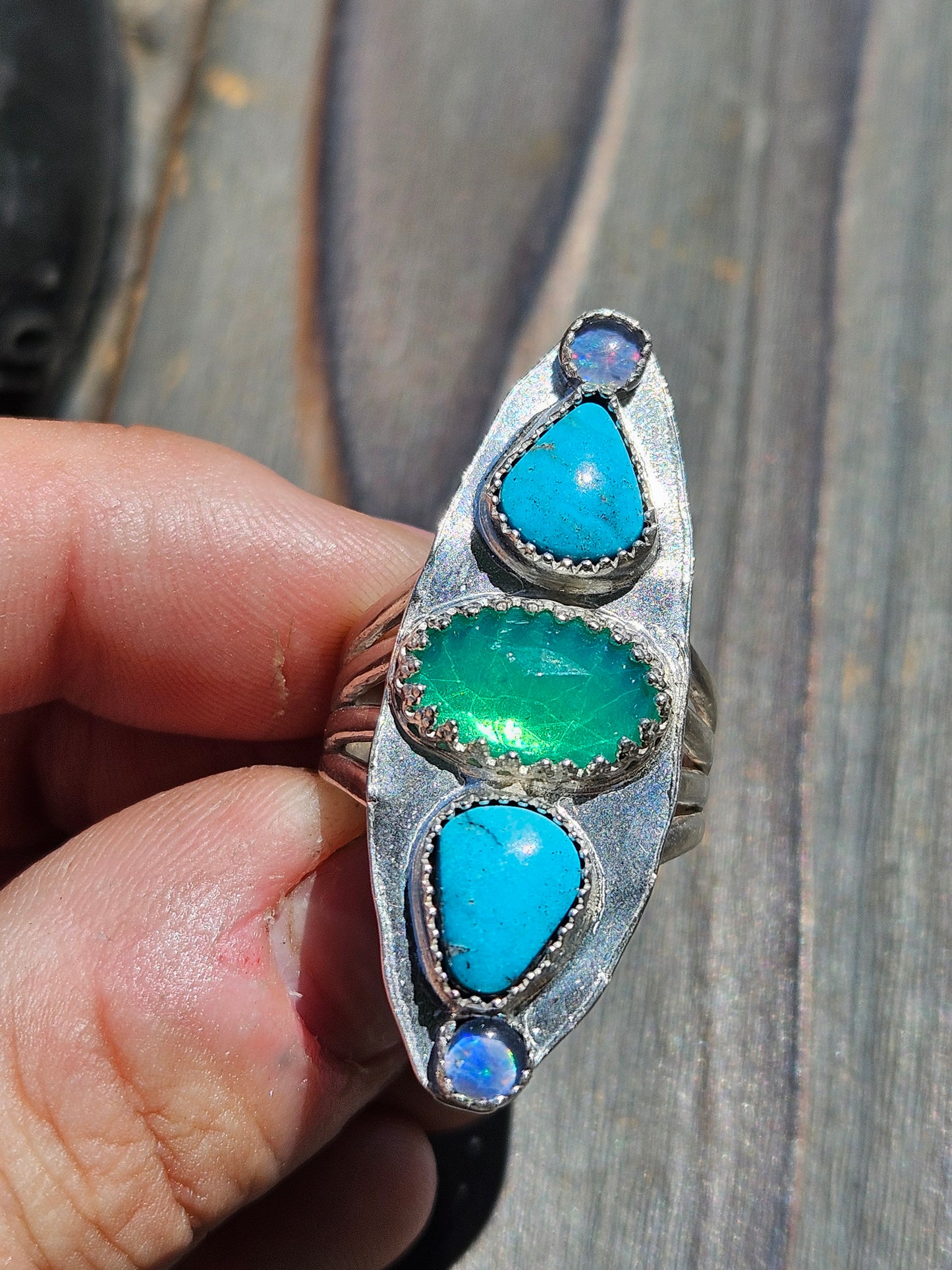 Parabia Opal, Turquoise and Black Opal Ring, Size 7