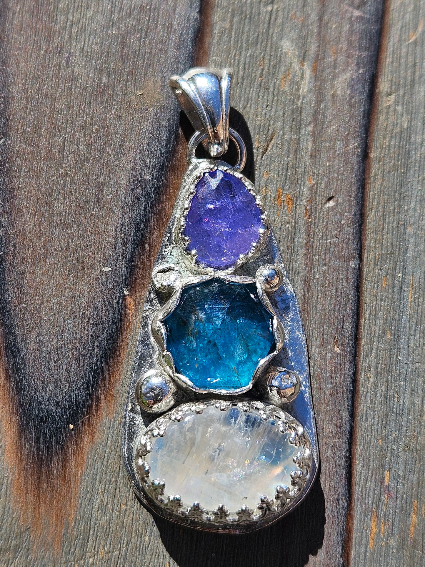 Tanzanite, Neon Apatite and Moonstone Pendant