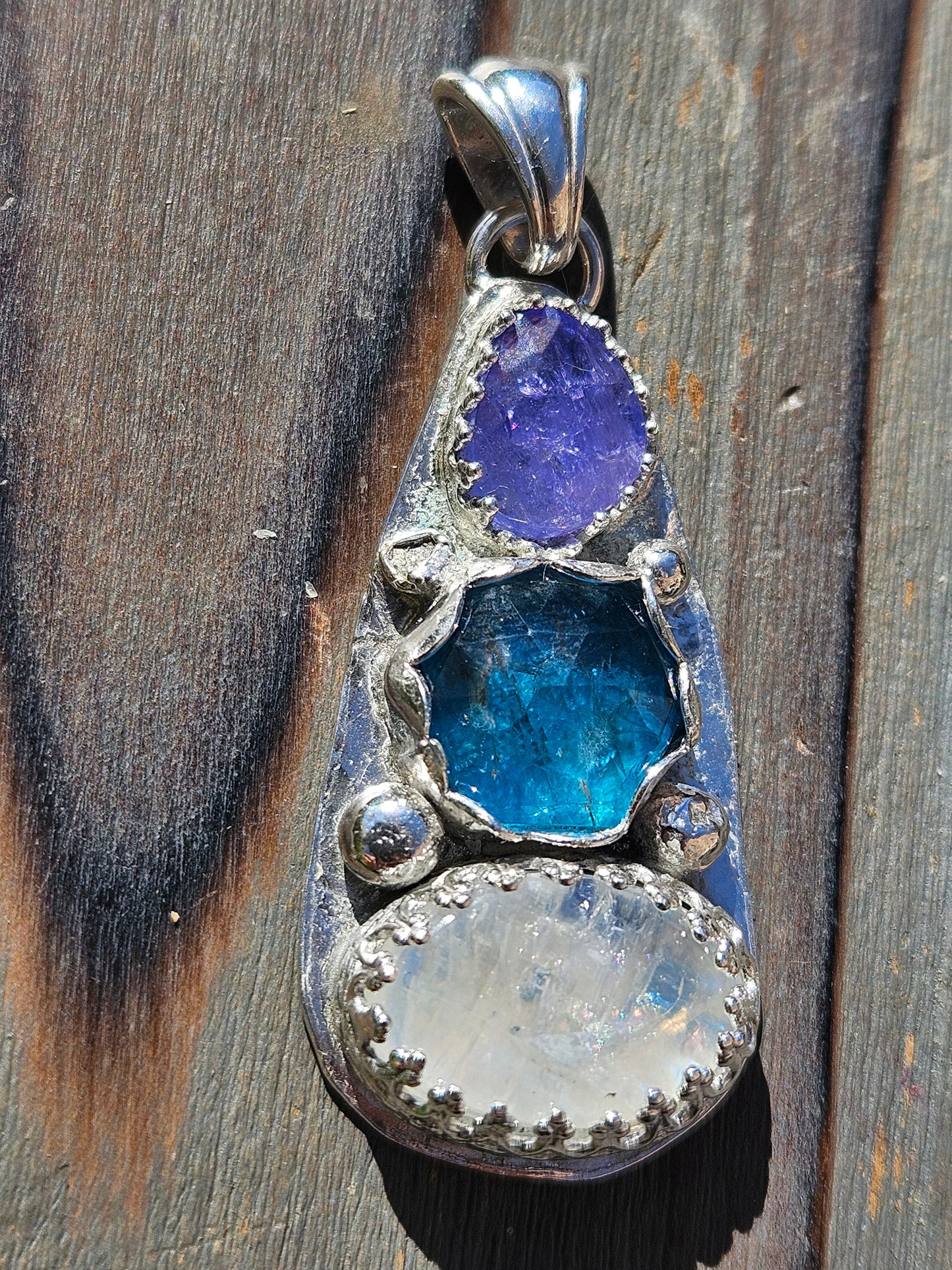 Tanzanite, Neon Apatite and Moonstone Pendant