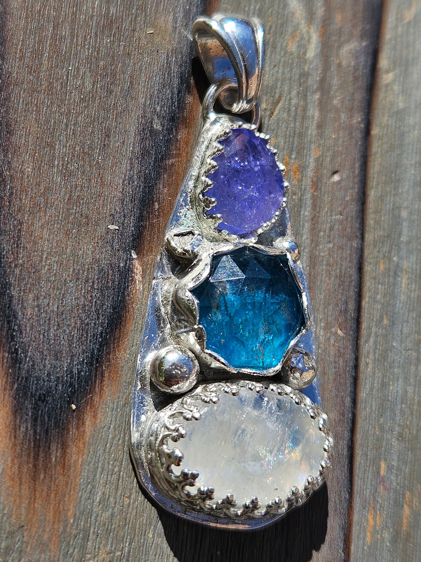 Tanzanite, Neon Apatite and Moonstone Pendant