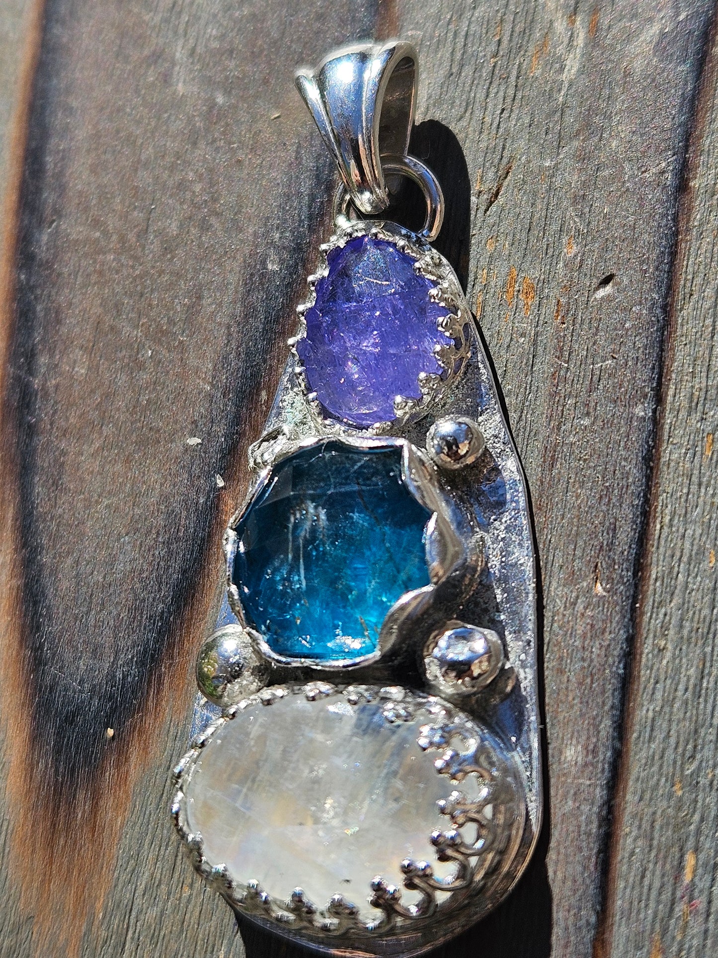 Tanzanite, Neon Apatite and Moonstone Pendant