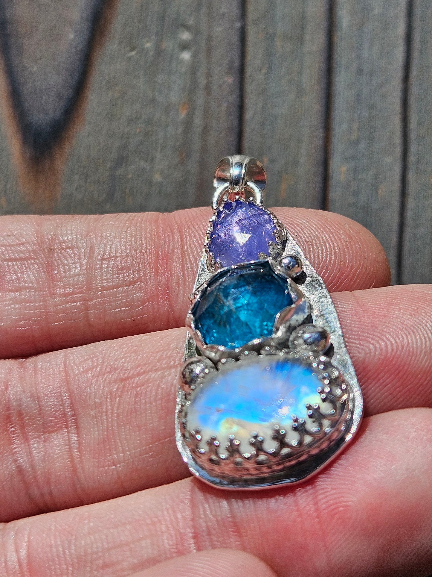 Tanzanite, Neon Apatite and Moonstone Pendant