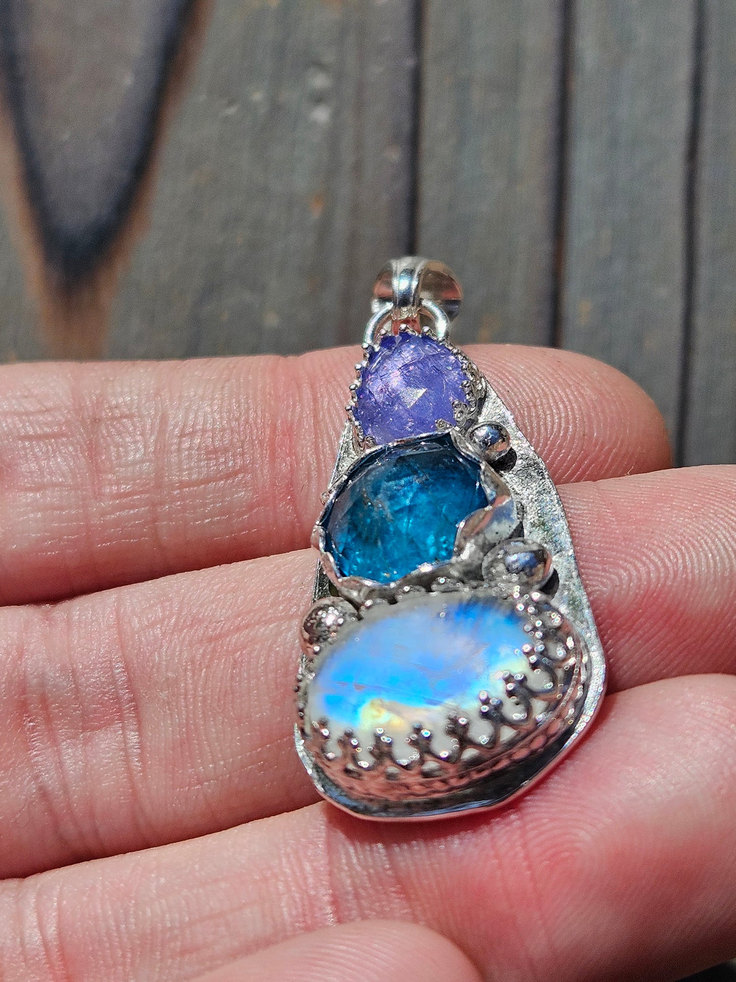 Tanzanite, Neon Apatite and Moonstone Pendant