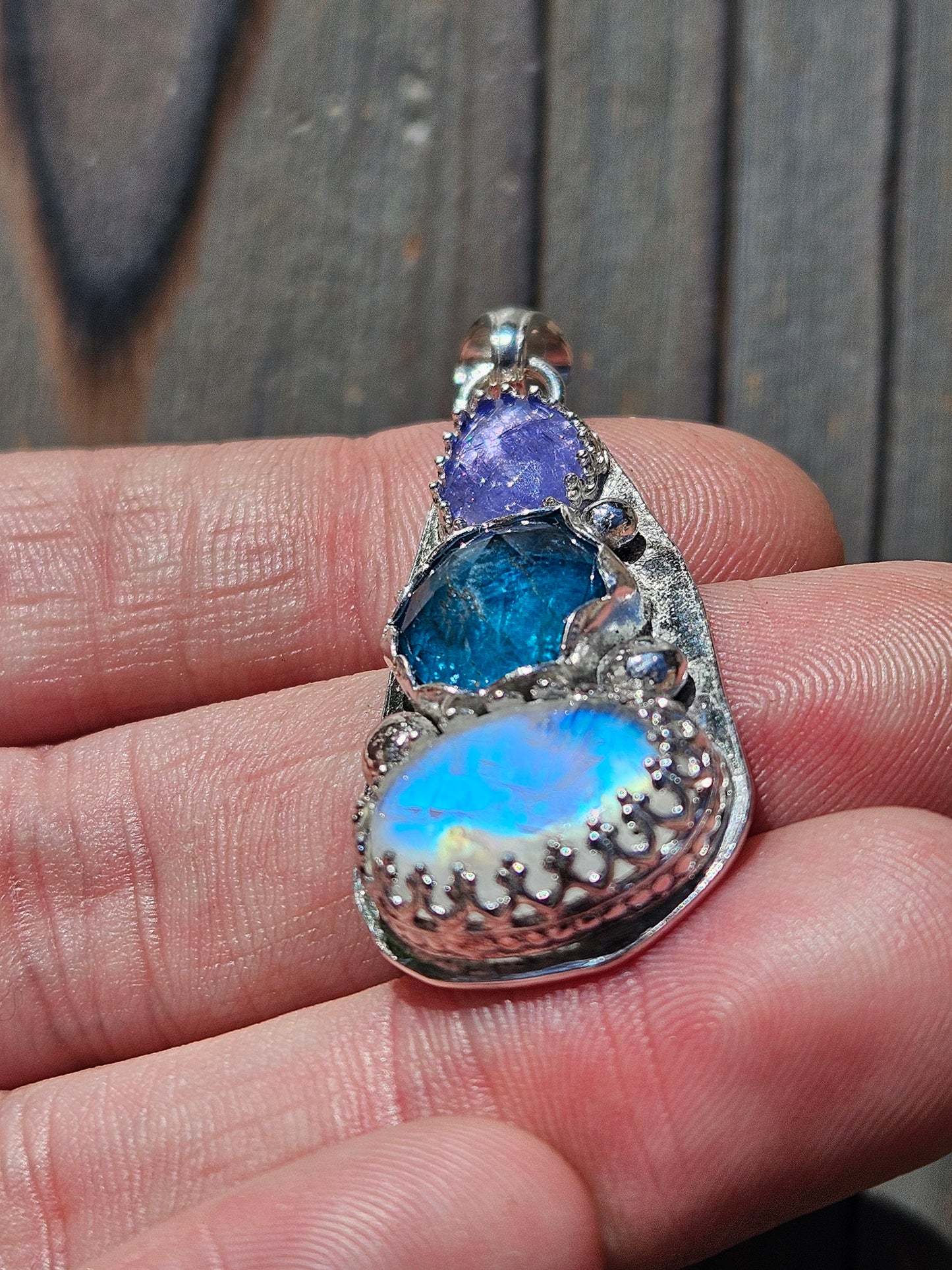 Tanzanite, Neon Apatite and Moonstone Pendant