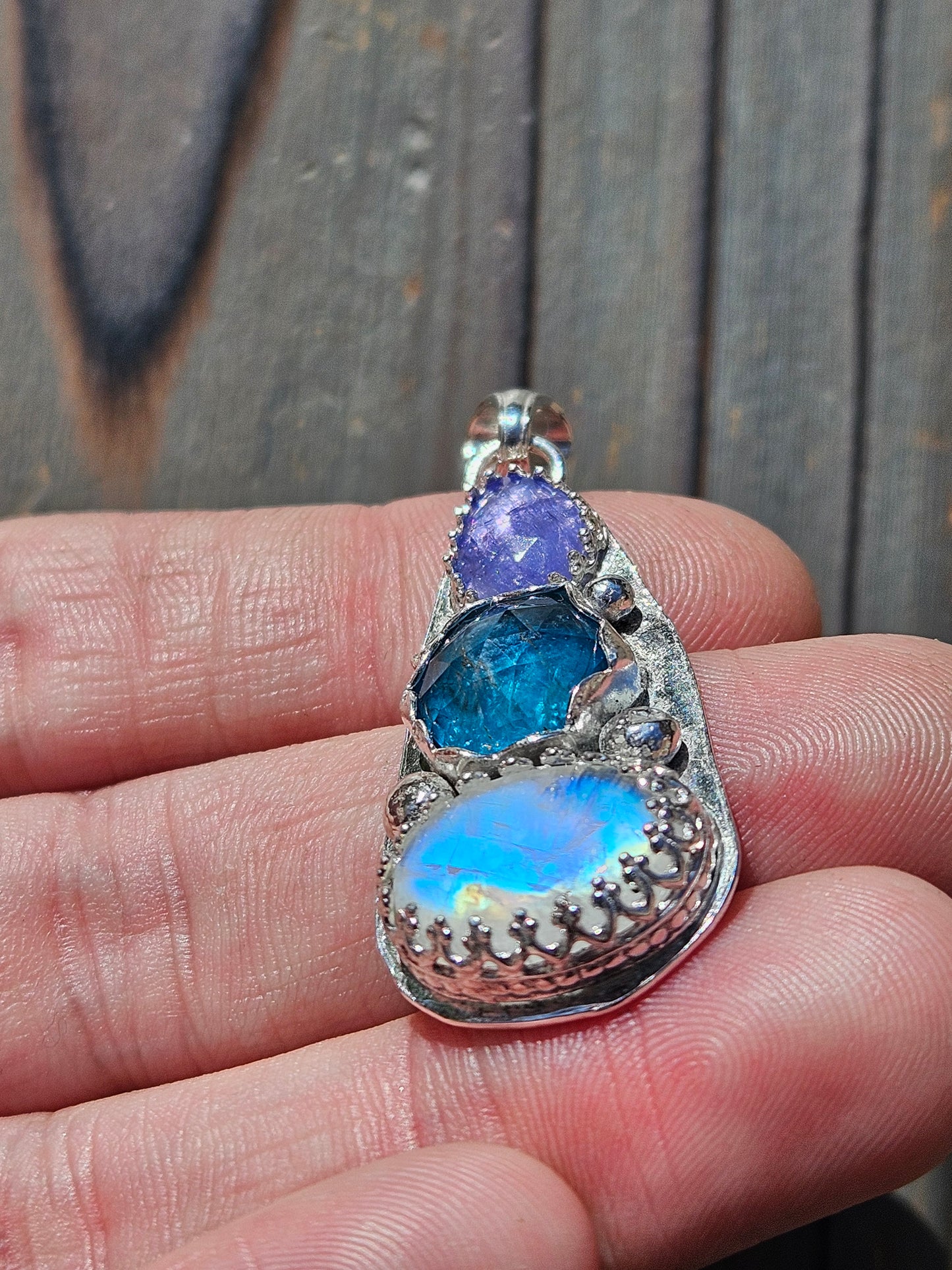 Tanzanite, Neon Apatite and Moonstone Pendant