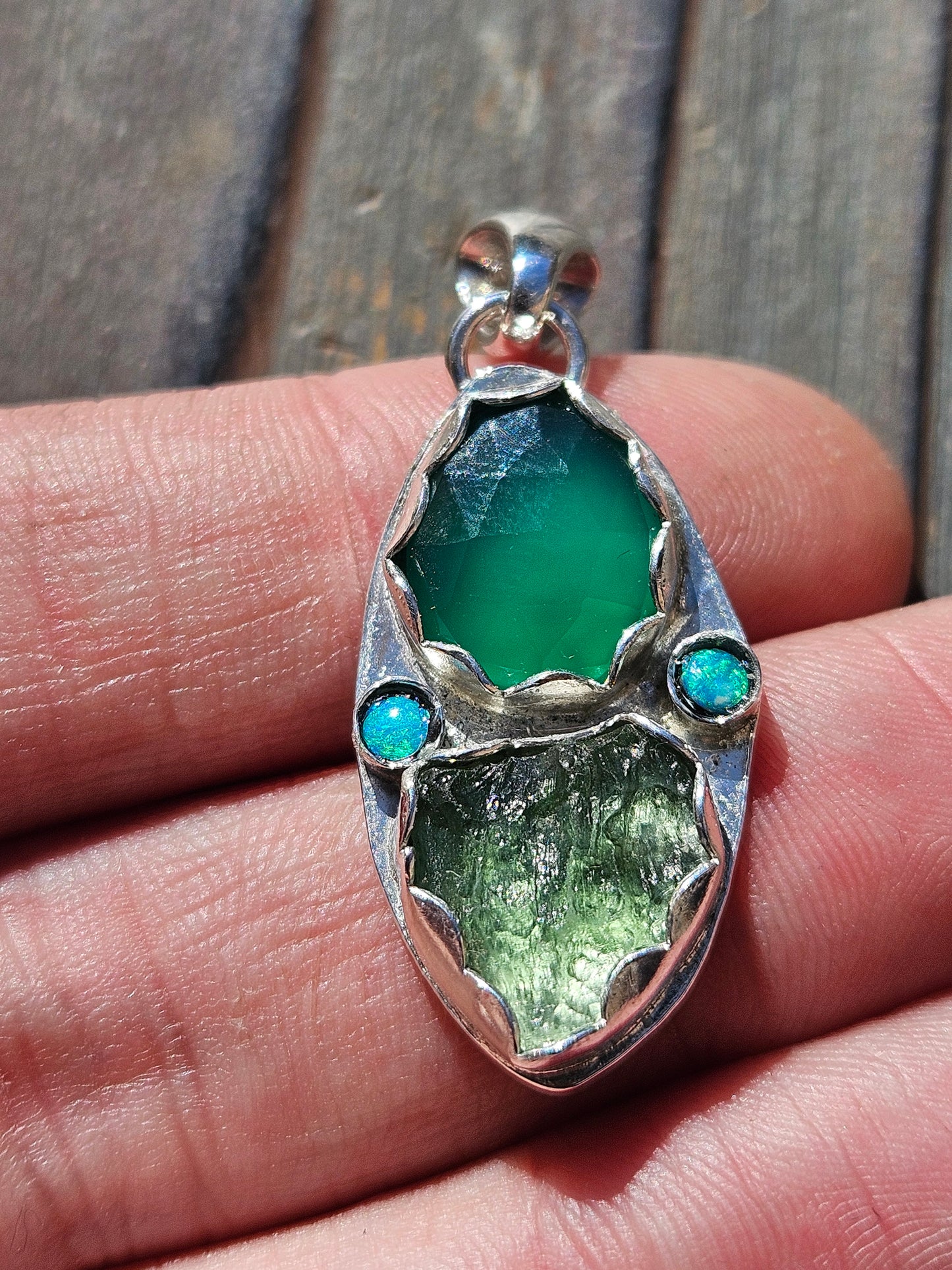 Moldavite, Green Chalcedony and Australian Opal Pendant