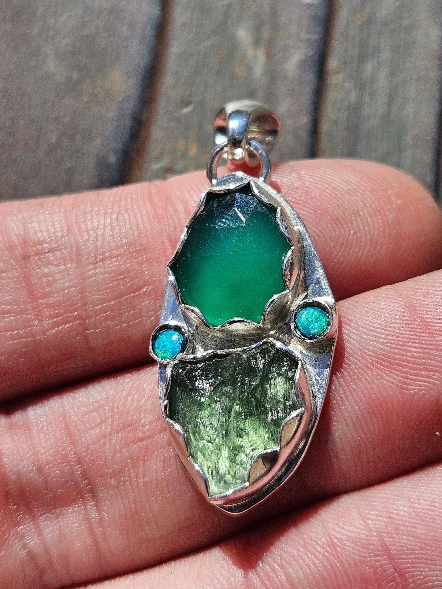 Moldavite, Green Chalcedony and Australian Opal Pendant