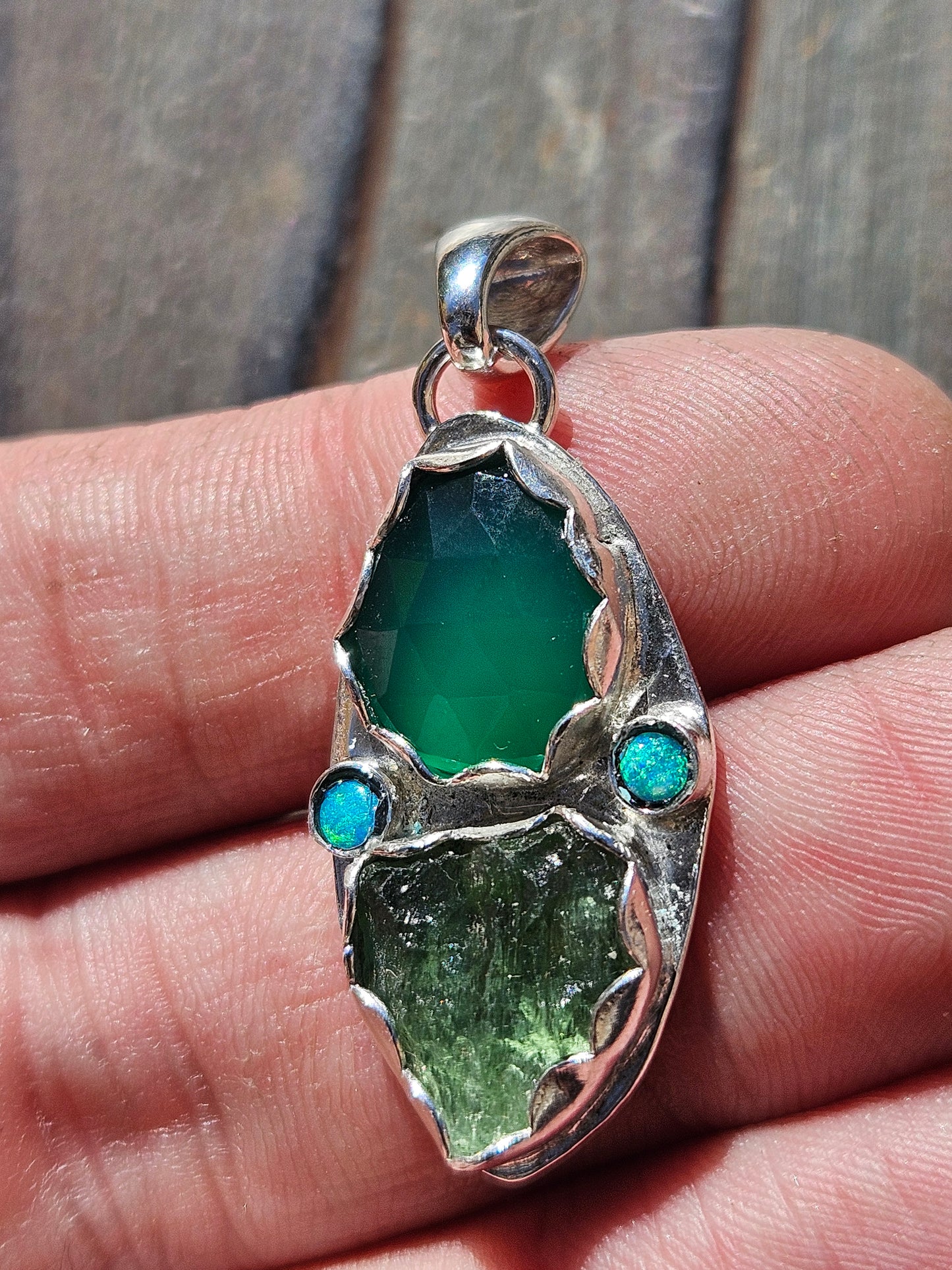 Moldavite, Green Chalcedony and Australian Opal Pendant