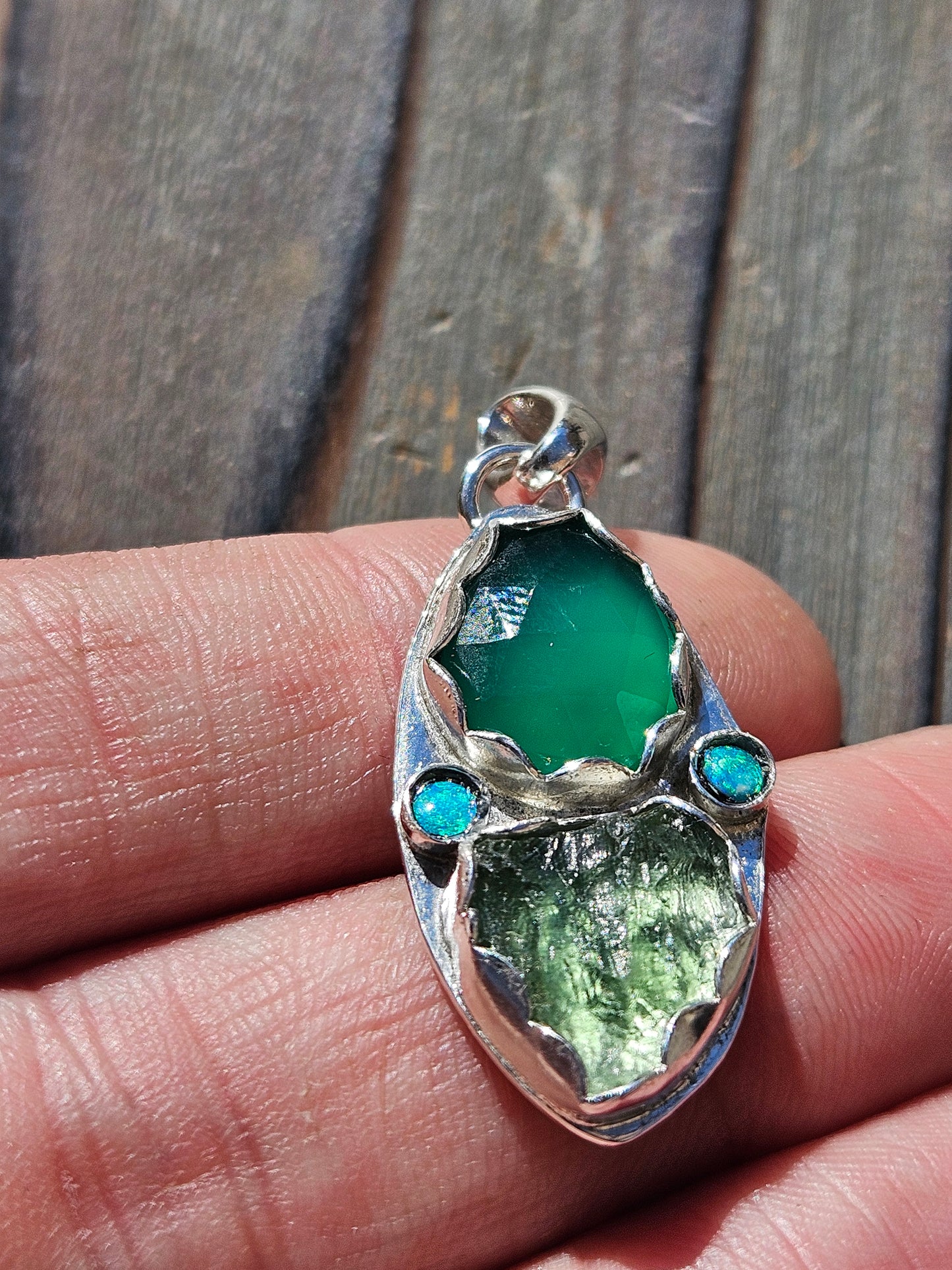 Moldavite, Green Chalcedony and Australian Opal Pendant