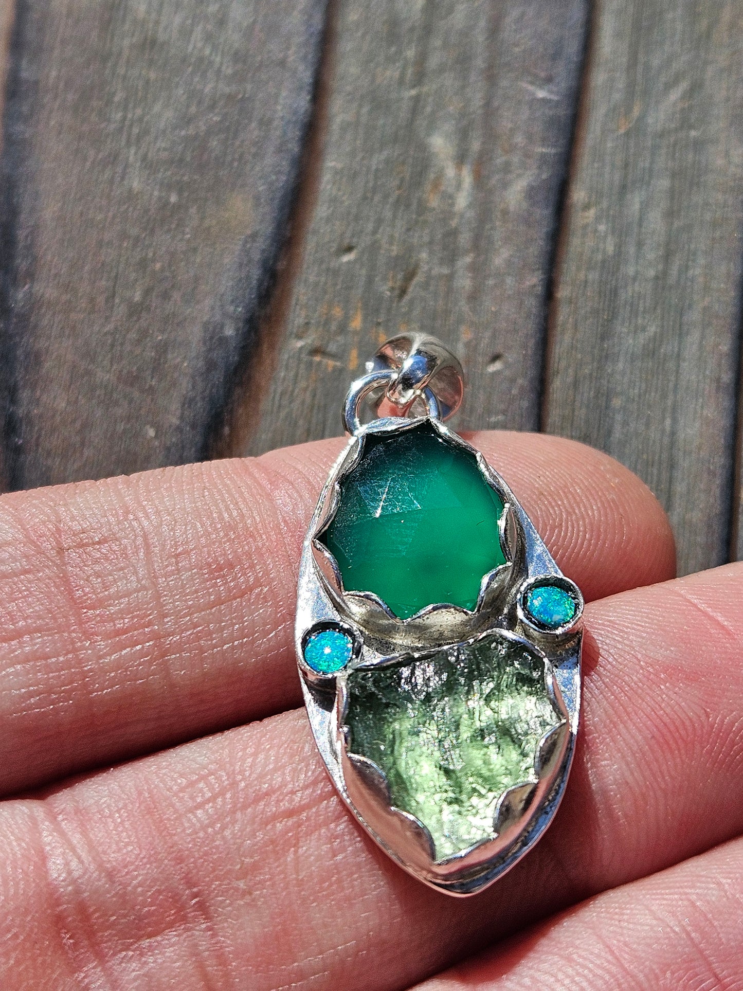 Moldavite, Green Chalcedony and Australian Opal Pendant