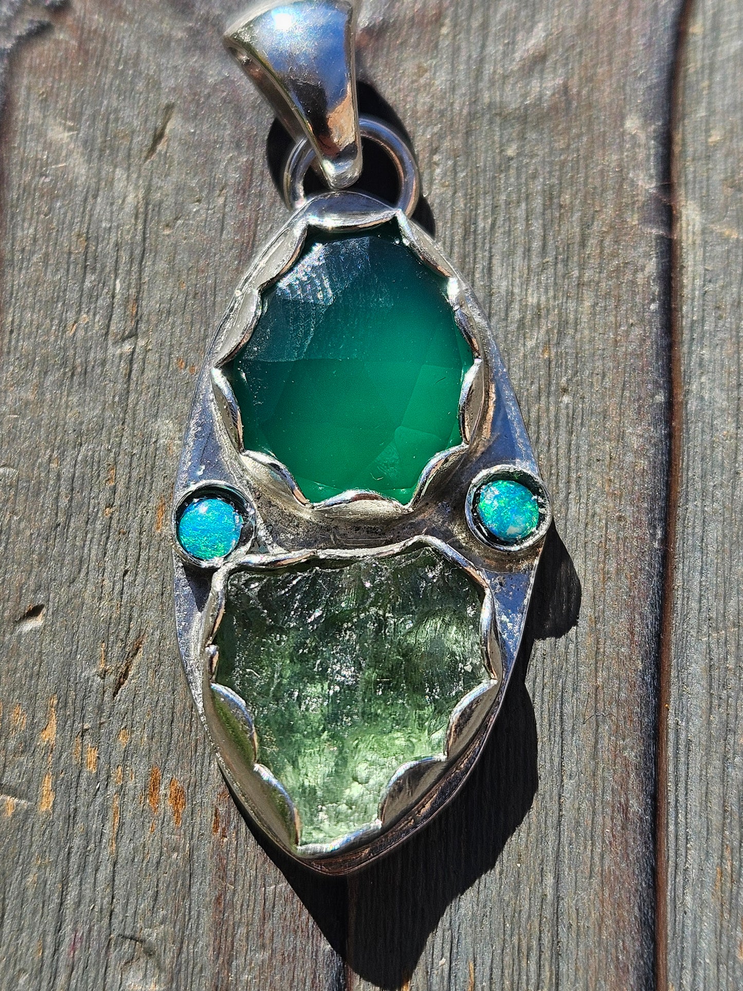 Moldavite, Green Chalcedony and Australian Opal Pendant