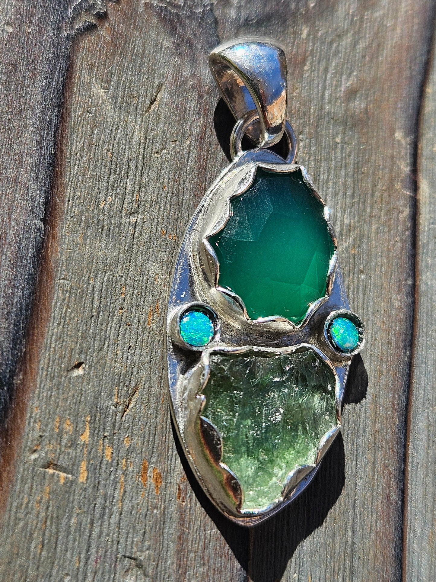 Moldavite, Green Chalcedony and Australian Opal Pendant