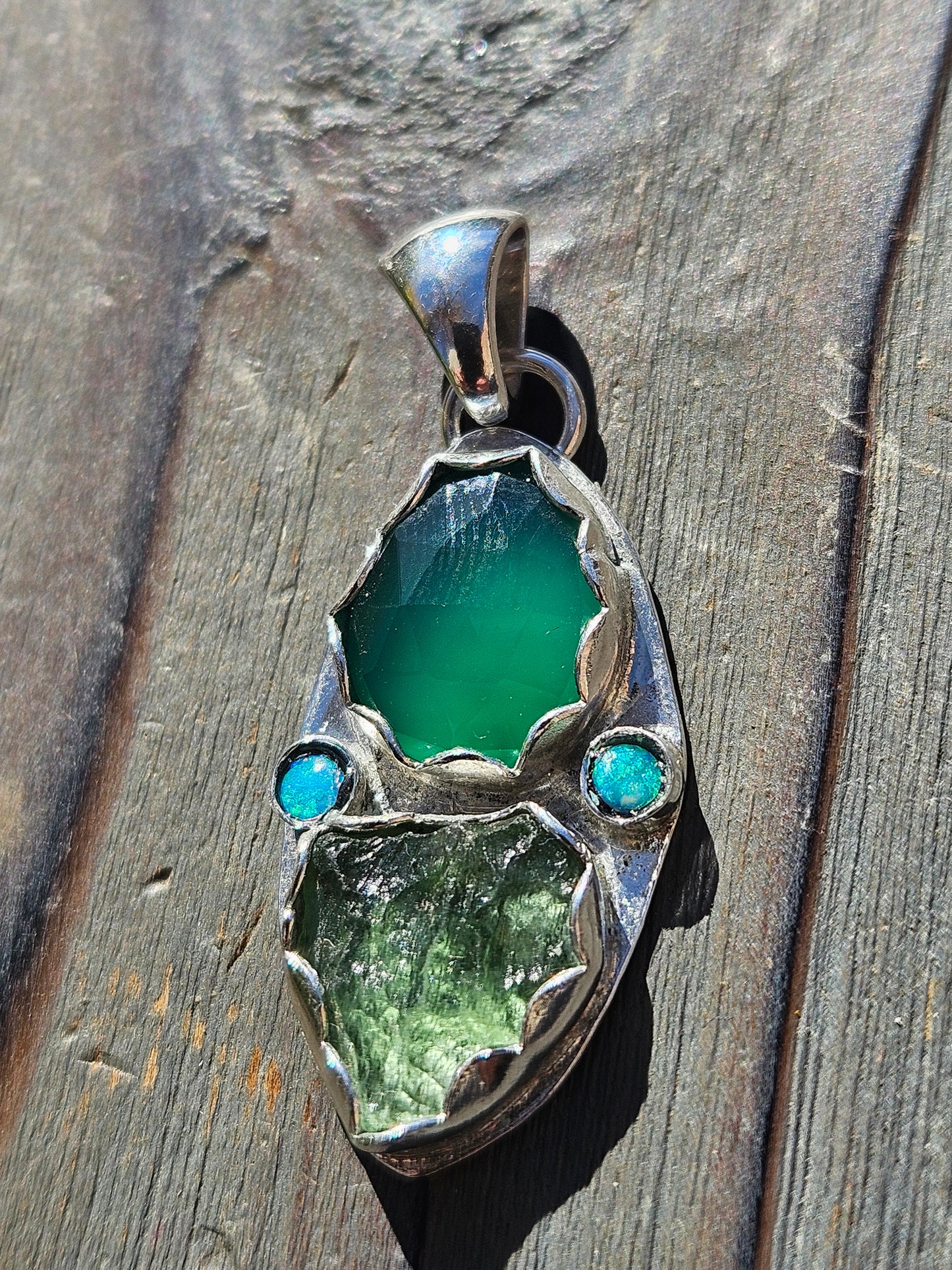 Moldavite, Green Chalcedony and Australian Opal Pendant