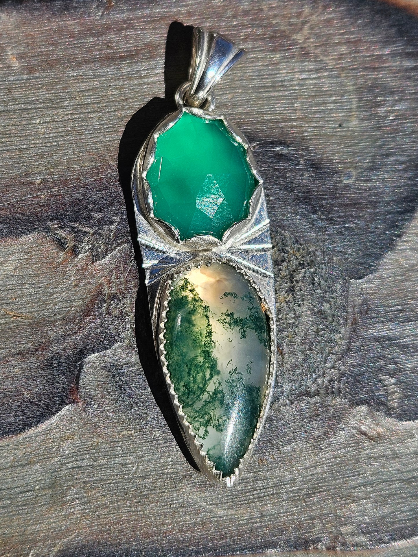 Moss Agate and Green Chalcedony Pendant