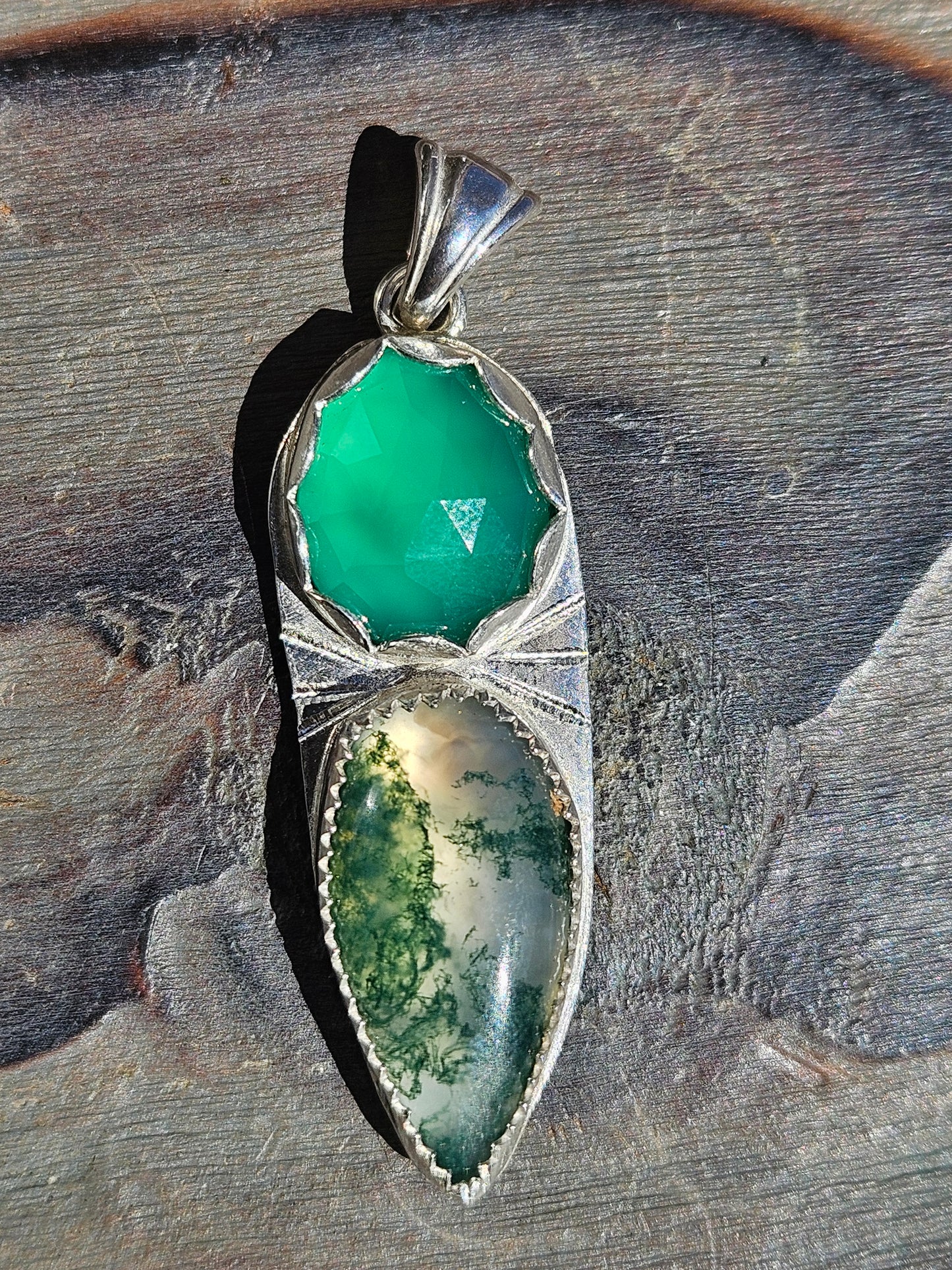 Moss Agate and Green Chalcedony Pendant