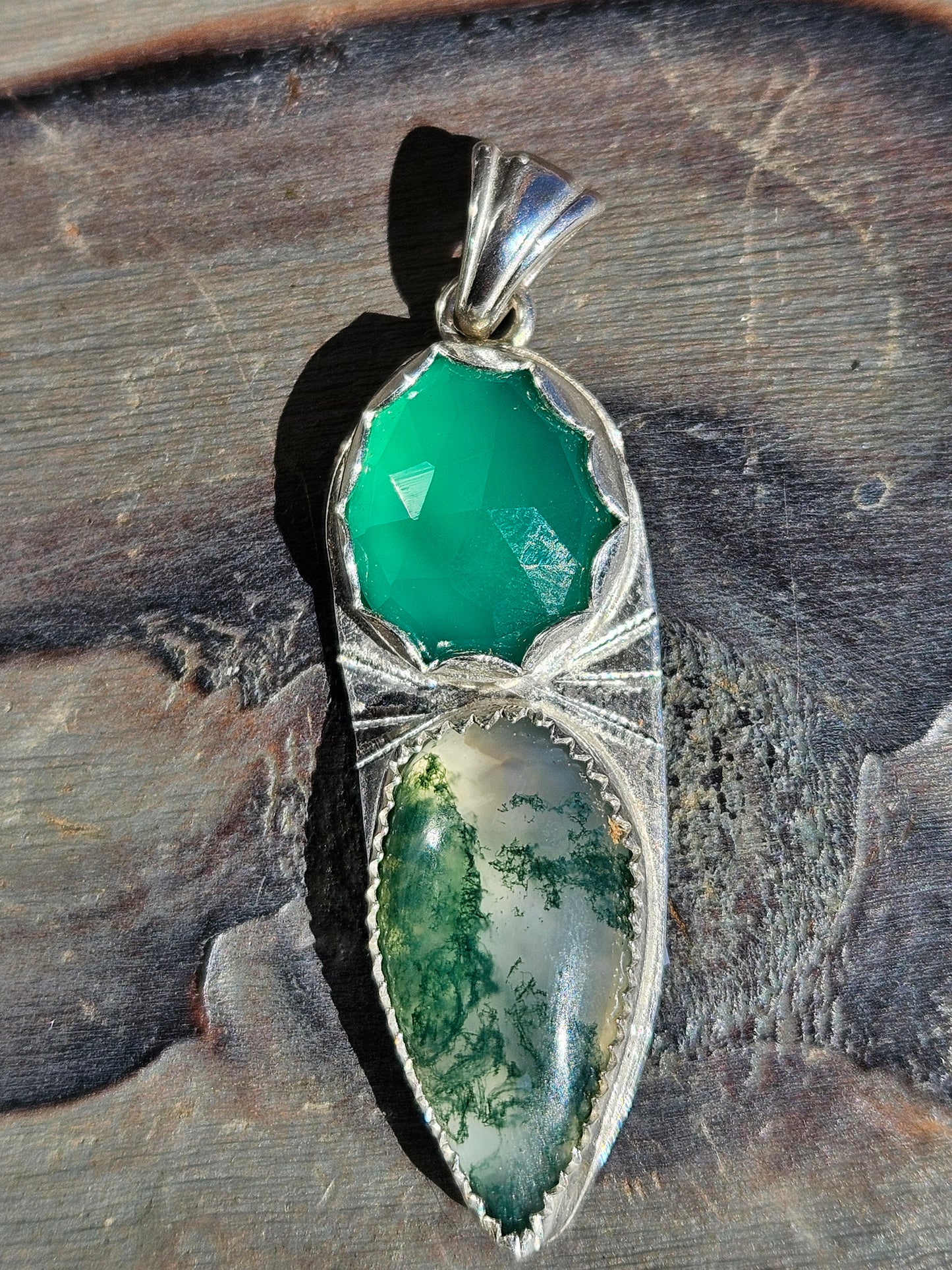 Moss Agate and Green Chalcedony Pendant