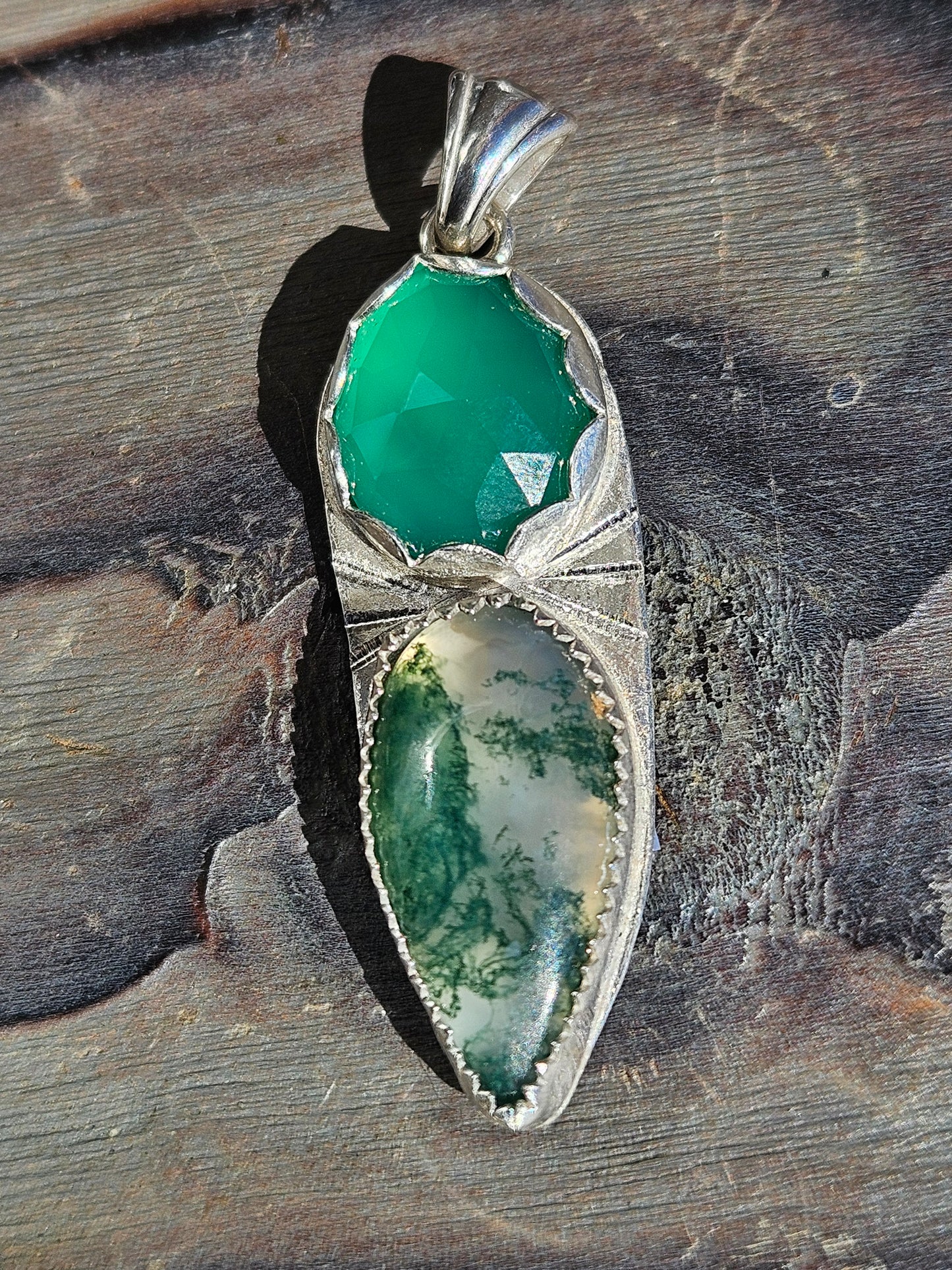 Moss Agate and Green Chalcedony Pendant