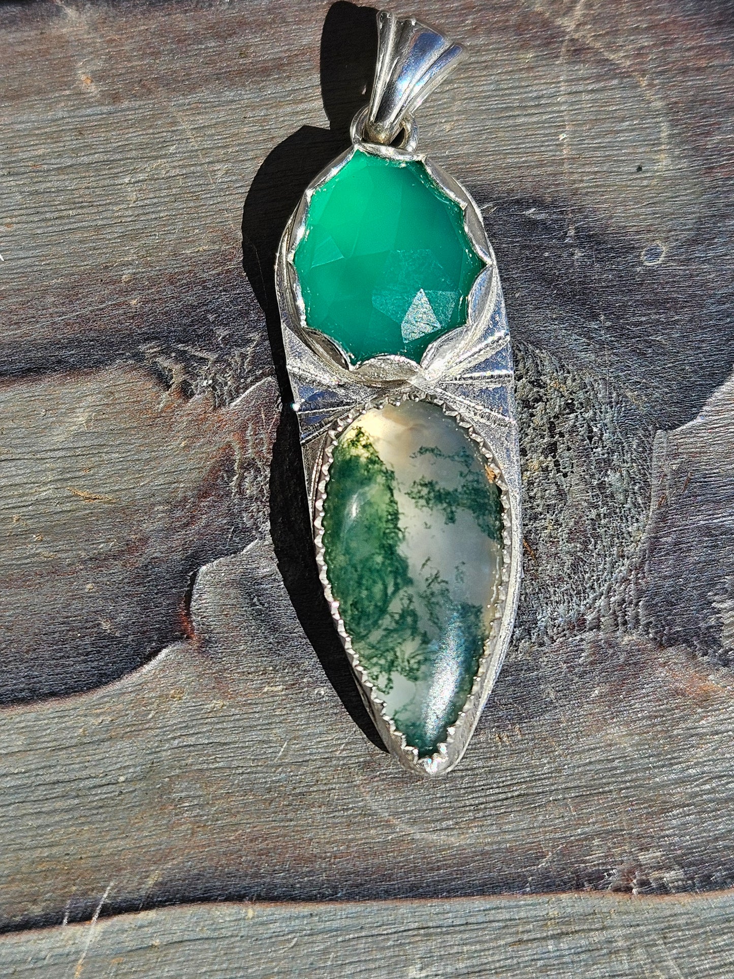 Moss Agate and Green Chalcedony Pendant