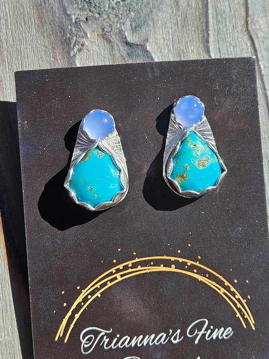 Smoke Lavender Chalcedony and Turquoise Stud Earrings
