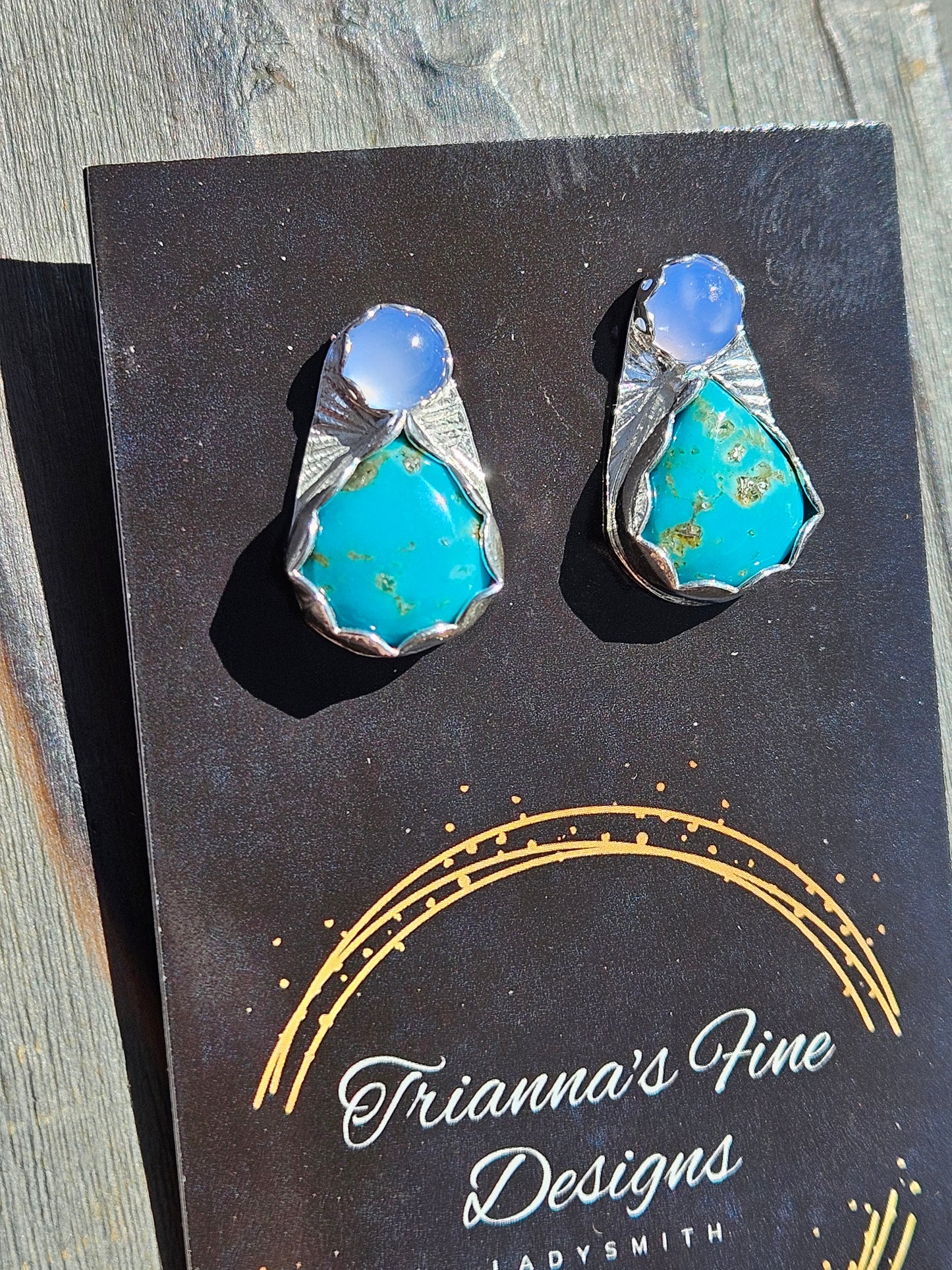 Smoke Lavender Chalcedony and Turquoise Stud Earrings