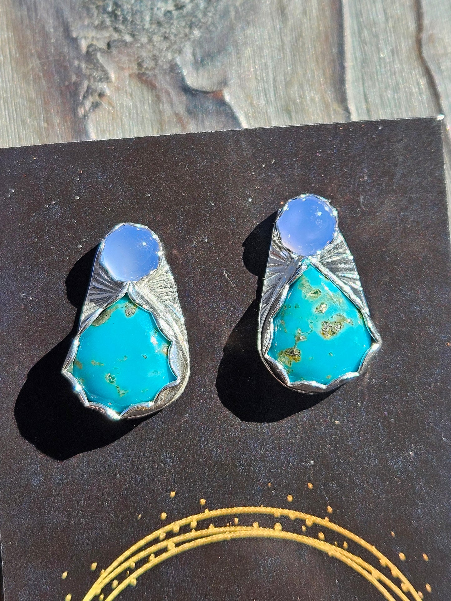 Smoke Lavender Chalcedony and Turquoise Stud Earrings