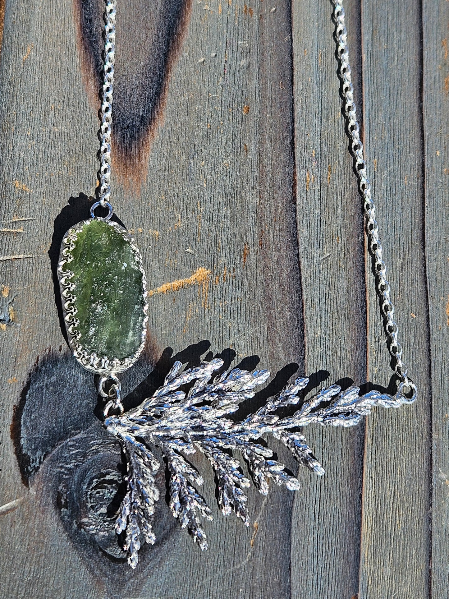 Moldavite and Cedar Necklace 20in