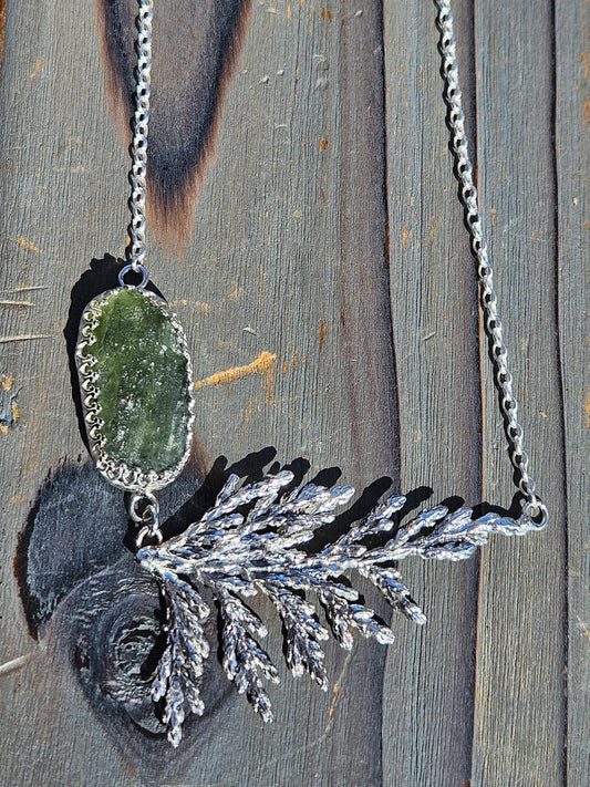 Moldavite and Cedar Necklace 20in