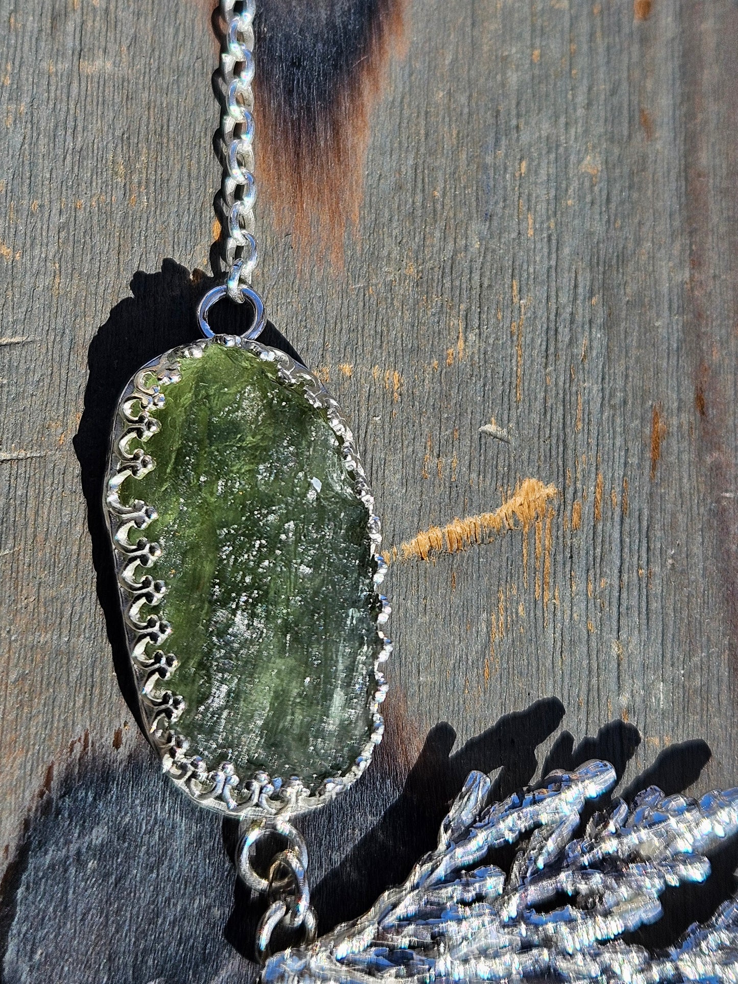 Moldavite and Cedar Necklace 20in