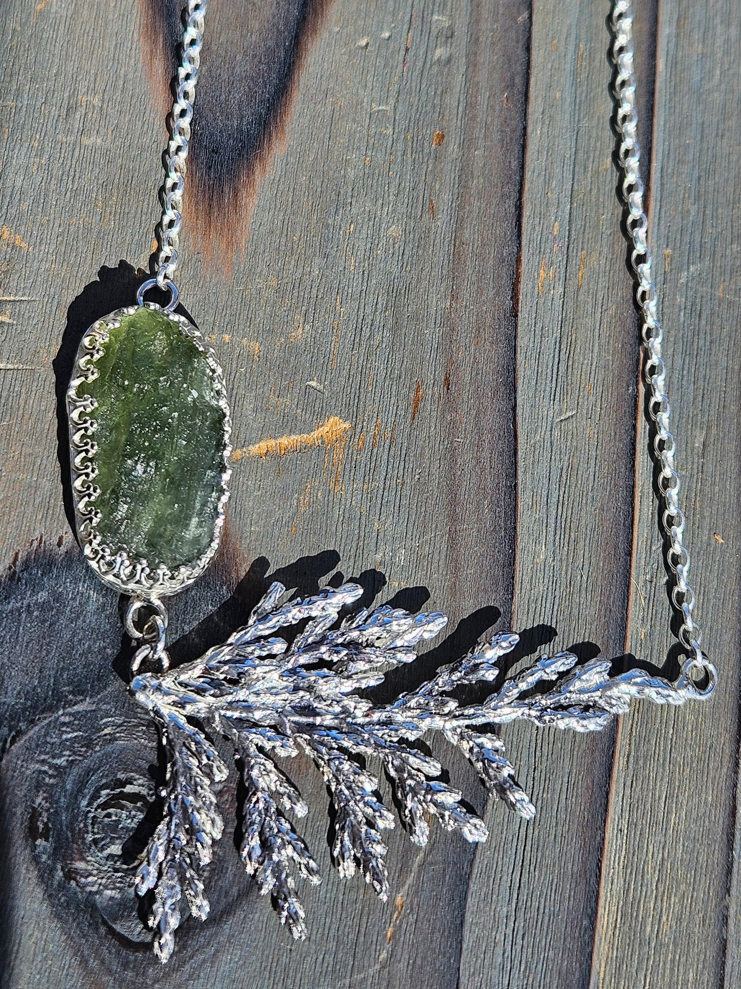 Moldavite and Cedar Necklace 20in