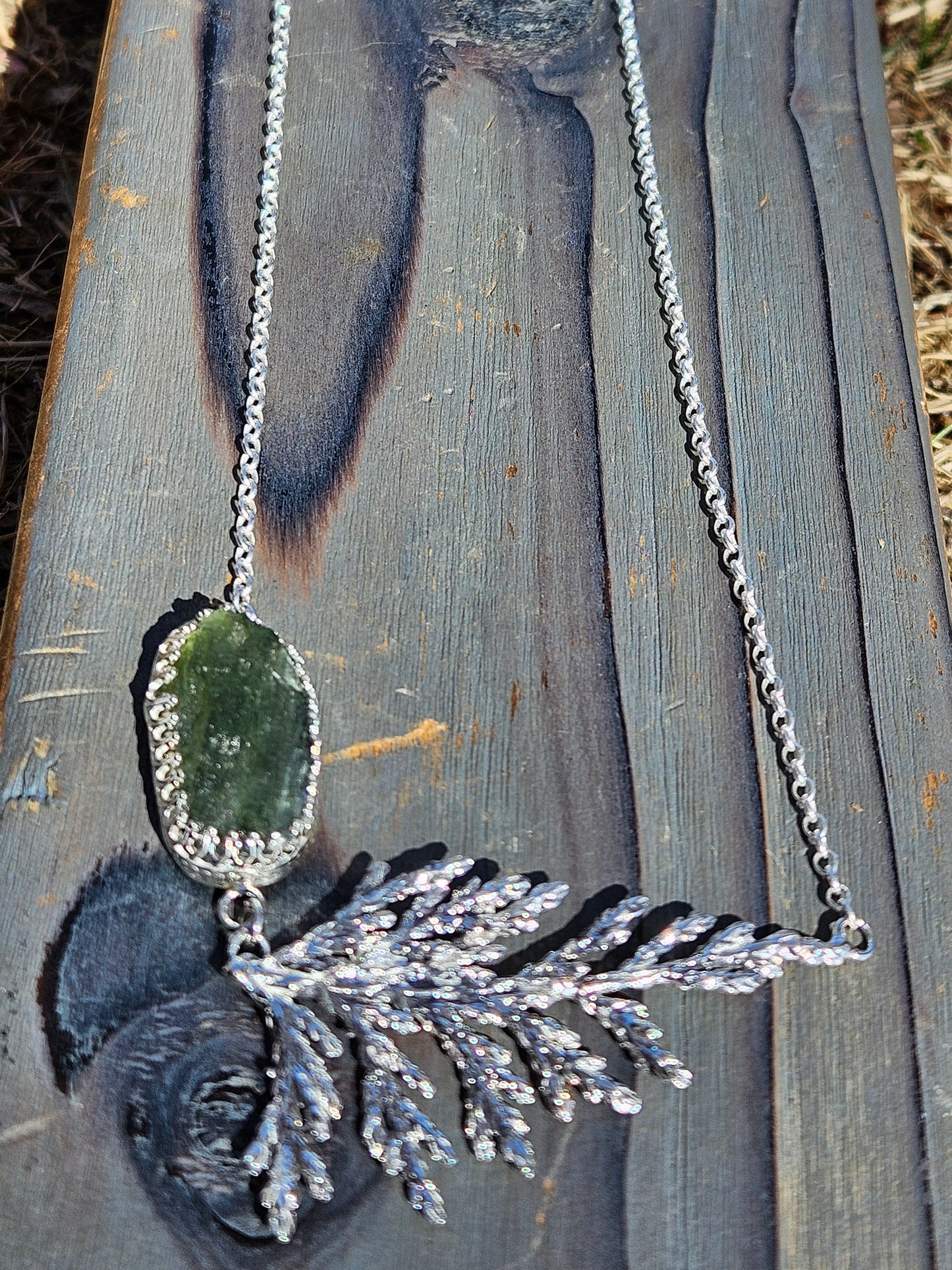 Moldavite and Cedar Necklace 20in