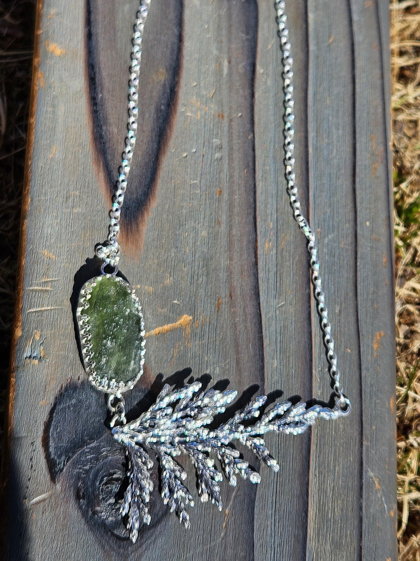 Moldavite and Cedar Necklace 20in