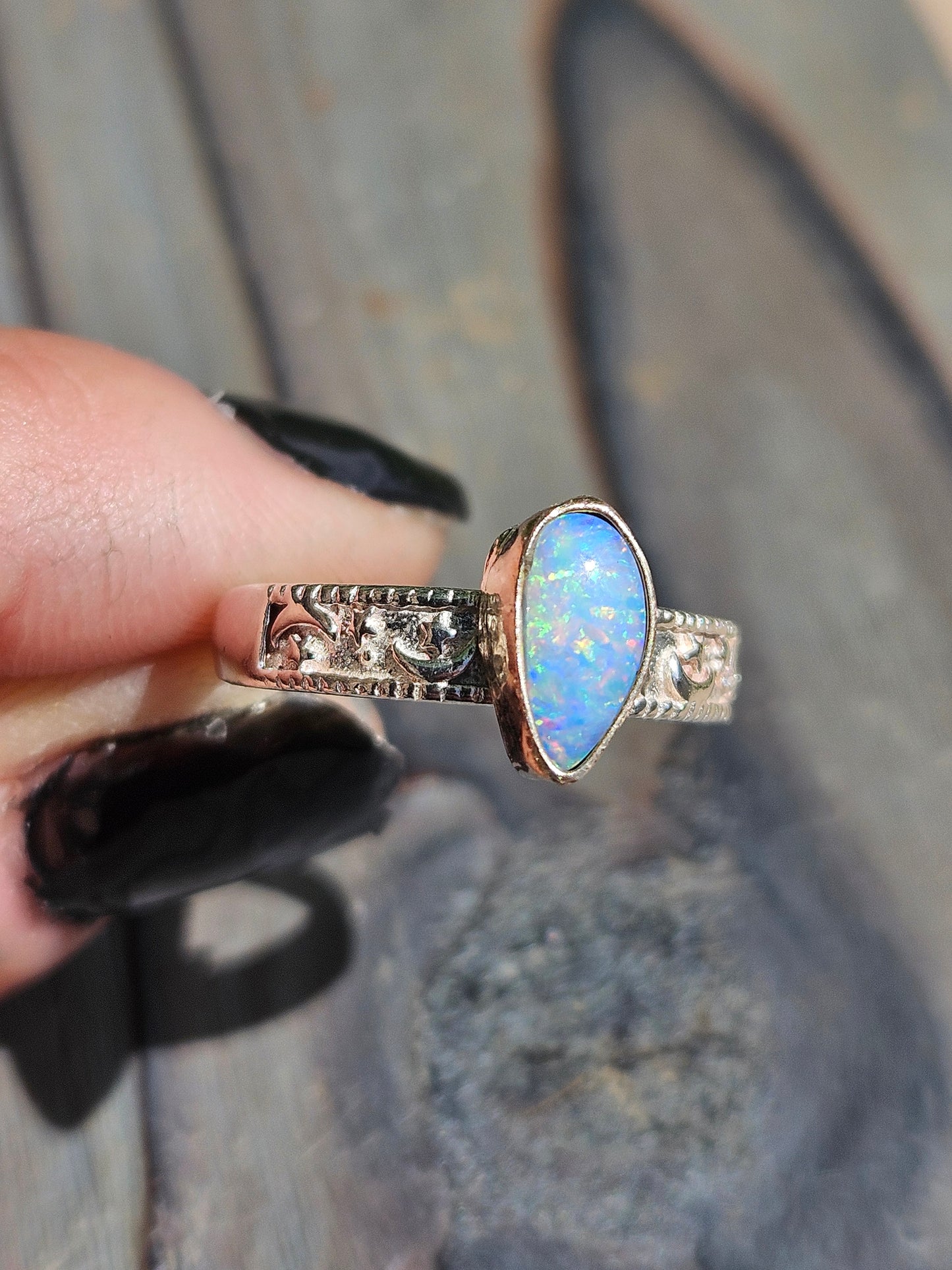 Australian Opal in 14kt Gold and Silver Celestial Band, Size 9