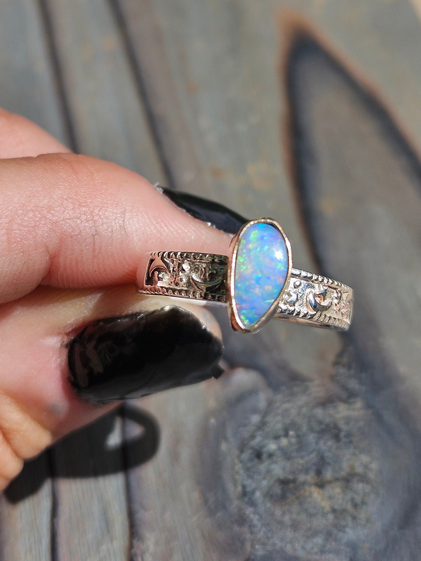 Australian Opal in 14kt Gold and Silver Celestial Band, Size 9
