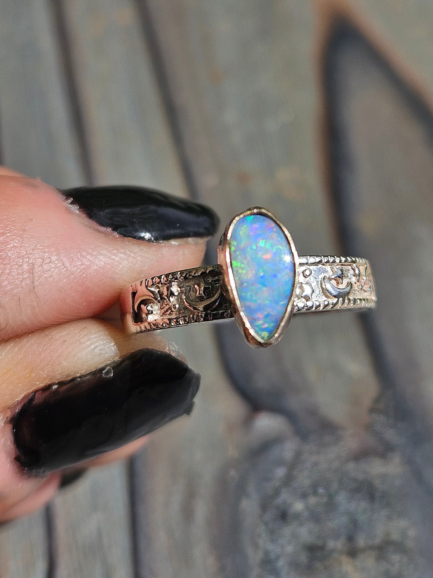 Australian Opal in 14kt Gold and Silver Celestial Band, Size 9