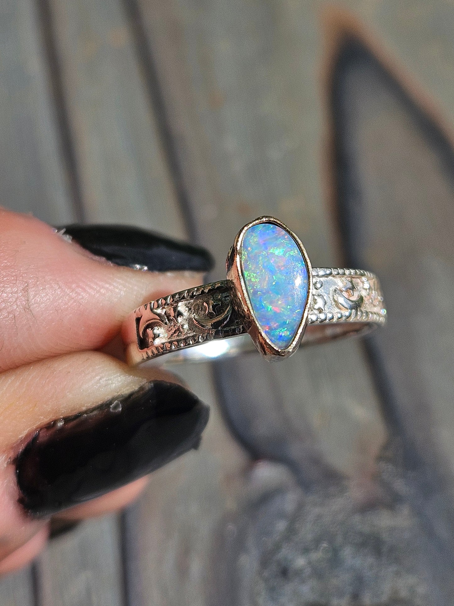 Australian Opal in 14kt Gold and Silver Celestial Band, Size 9