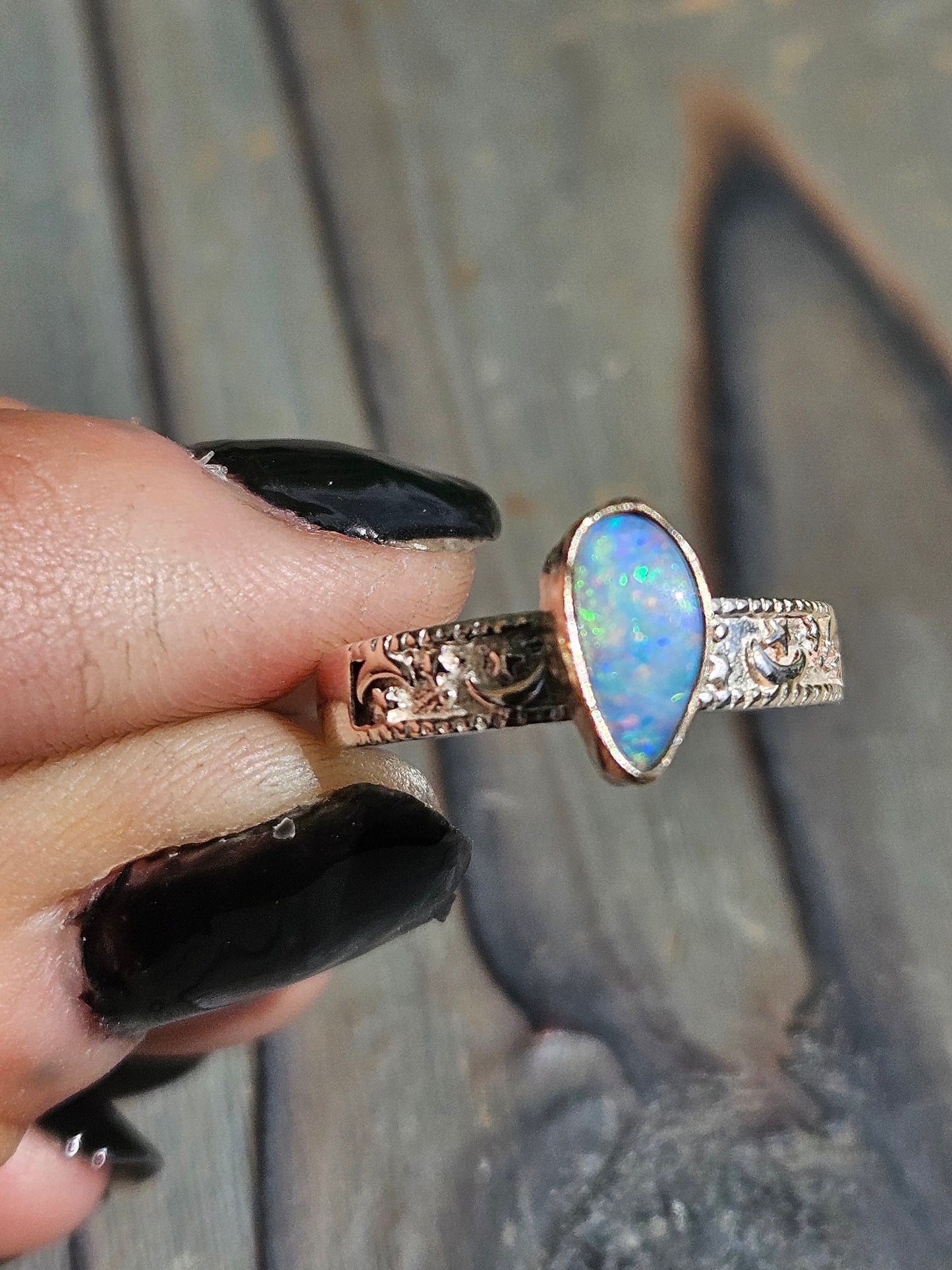 Australian Opal in 14kt Gold and Silver Celestial Band, Size 9