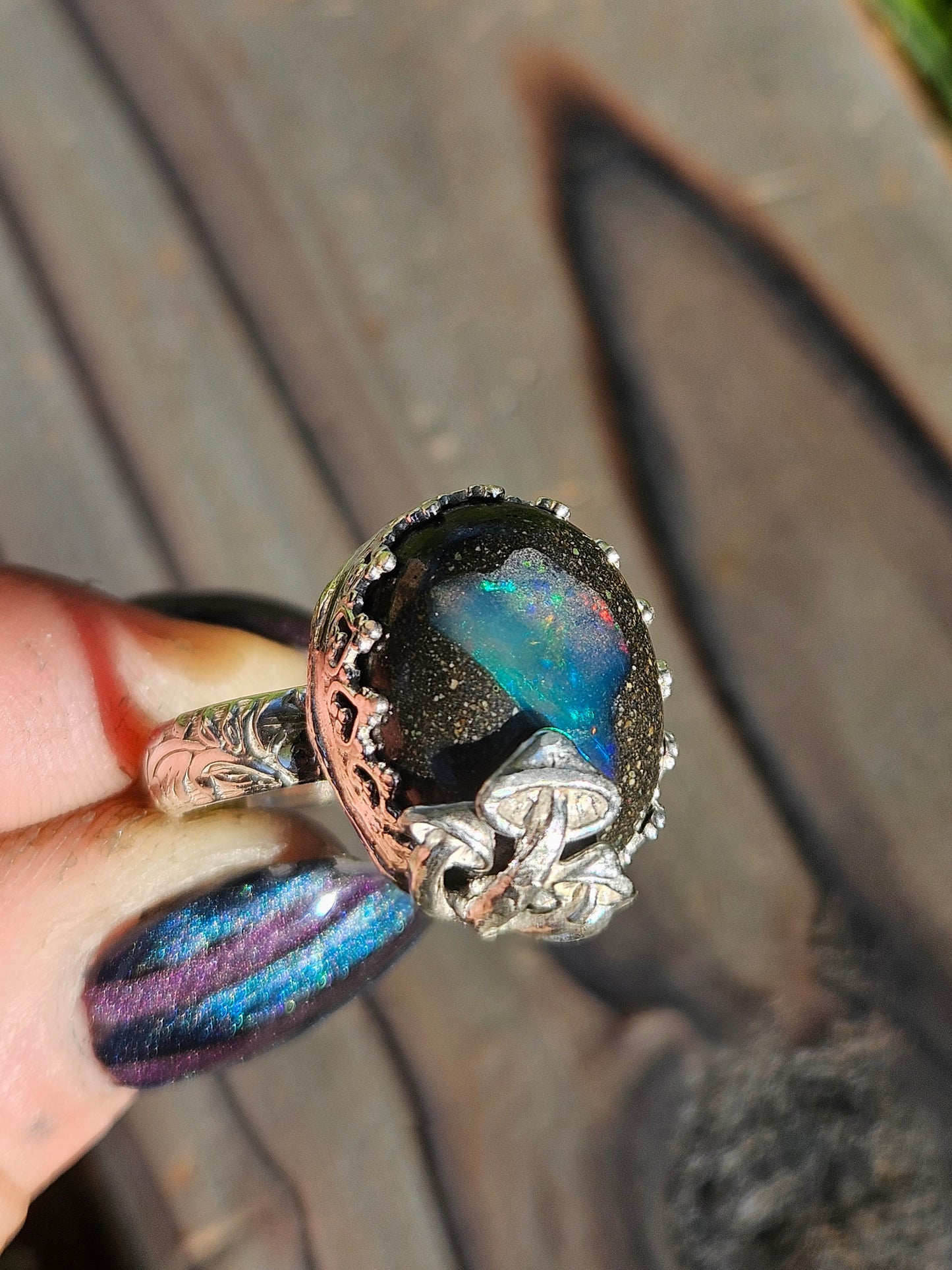 Galaxy Opal and Mushroom Ring, Size 9