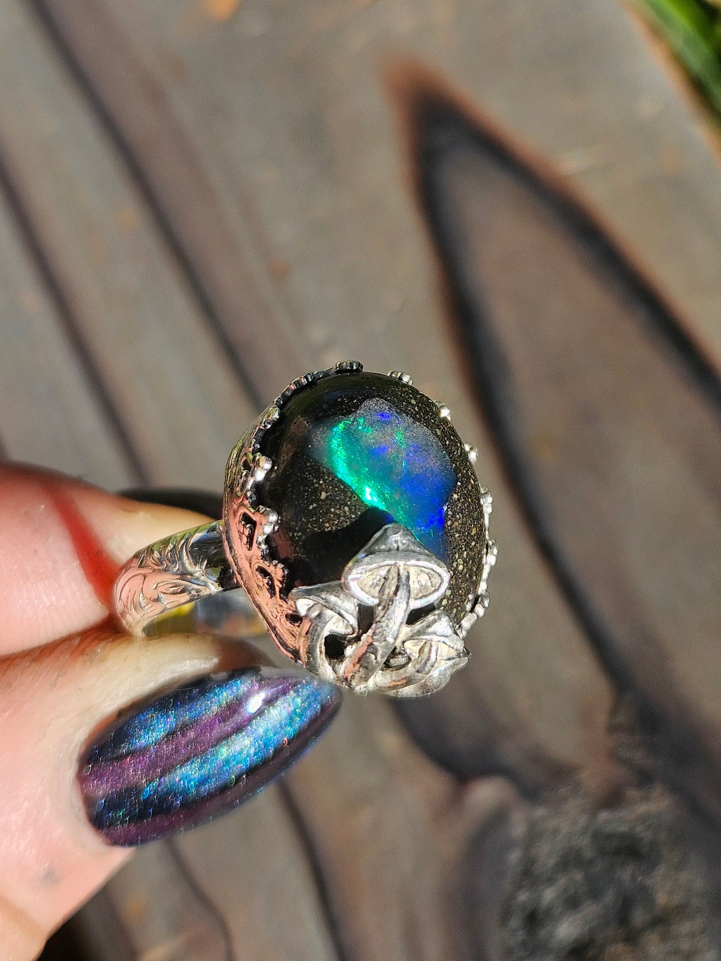 Galaxy Opal and Mushroom Ring, Size 9